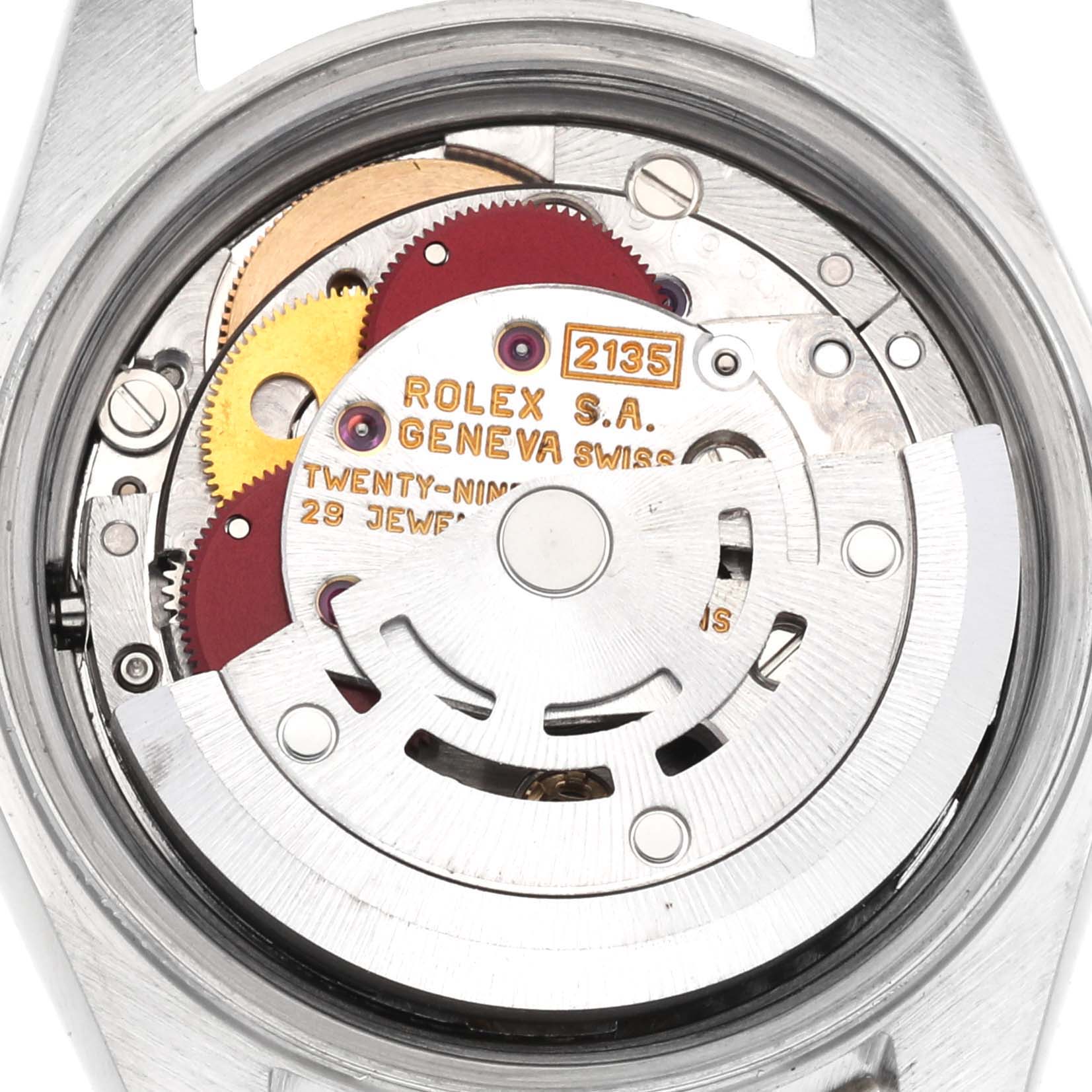 The image shows the movement and internal components of a Rolex Datejust 69173 Women
s Steel and Gold (two tone) Champagne Dial 69173 Women
s Steel and Gold (two tone) Champagne Dial model from a top-down angle.