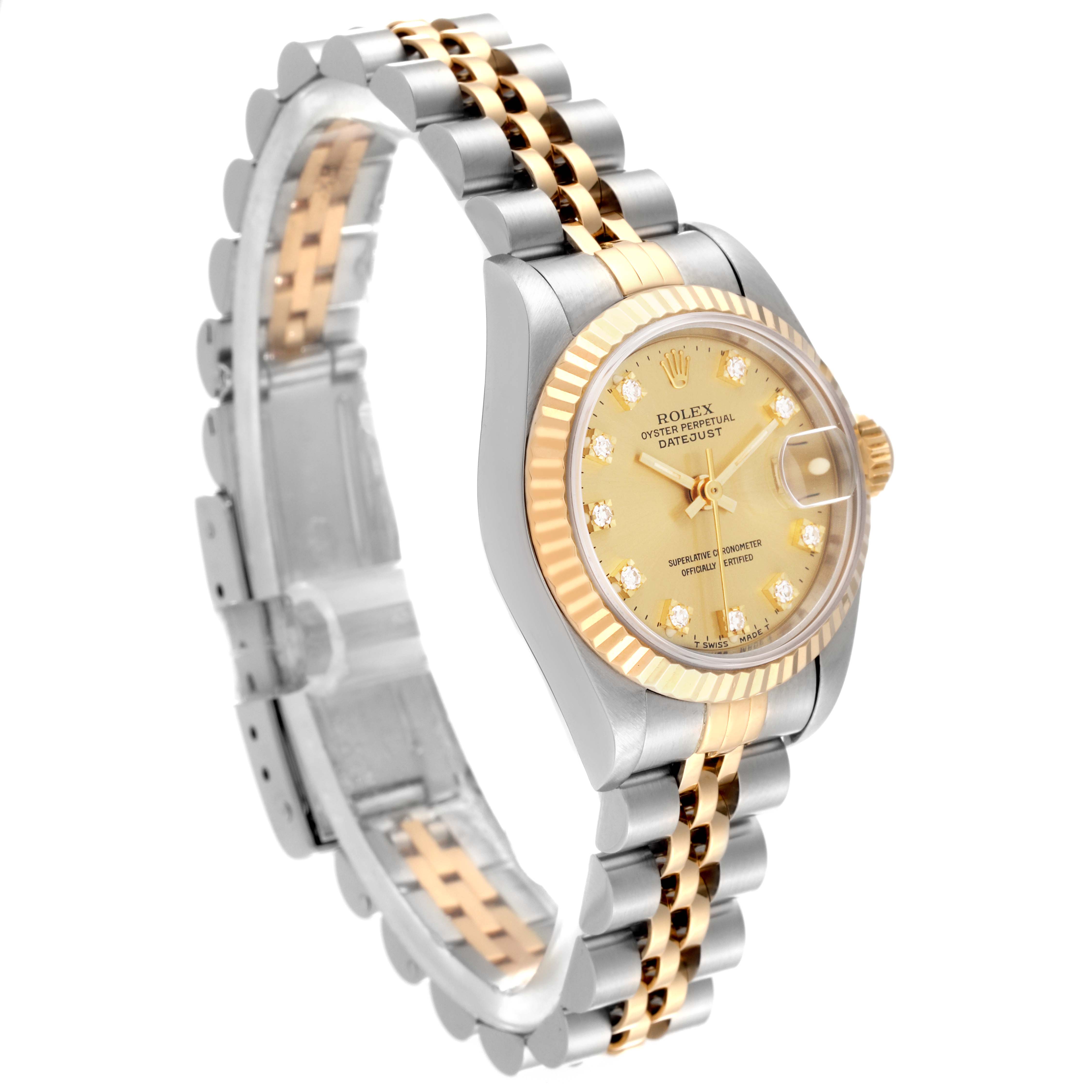 The Rolex Datejust 69173 Women
s Steel and Gold (two tone) Champagne Dial 69173 Women
s Steel and Gold (two tone) Champagne Dial watch is shown at a three-quarter angle, highlighting the dial, bracelet, and bezel.