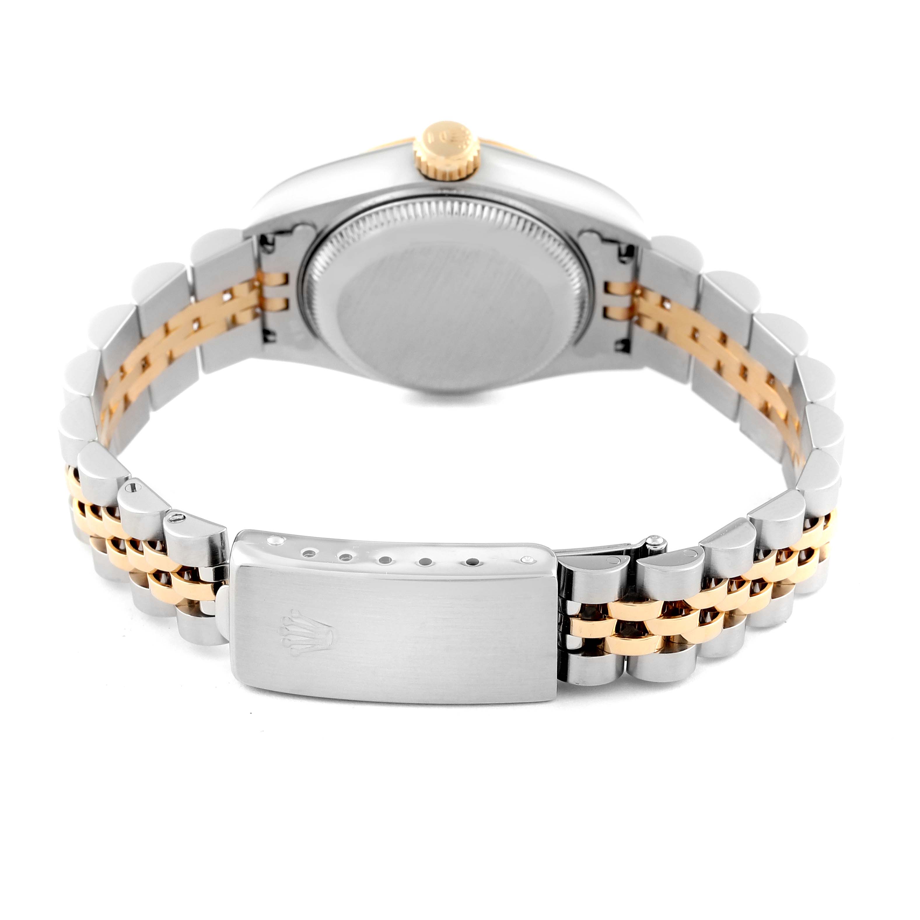 The image shows the back of a Rolex Datejust 69173 Women
s Steel and Gold (two tone) Champagne Dial 69173 Women
s Steel and Gold (two tone) Champagne Dial with a two-tone bracelet and clasp.