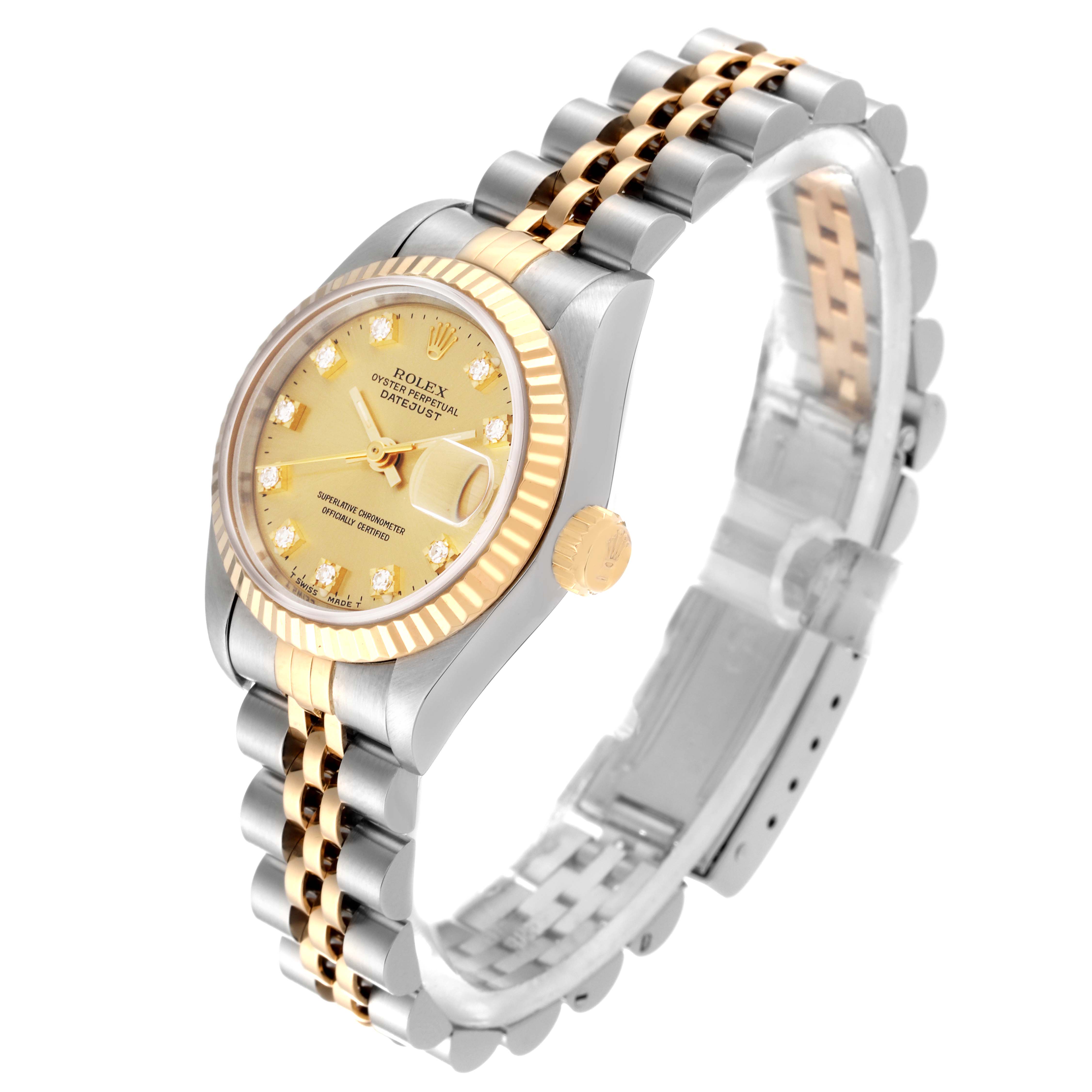 The image shows a Rolex Datejust 69173 Women
s Steel and Gold (two tone) Champagne Dial 69173 Women
s Steel and Gold (two tone) Champagne Dial watch at a three-quarter angle, displaying the dial, bezel, and bracelet.