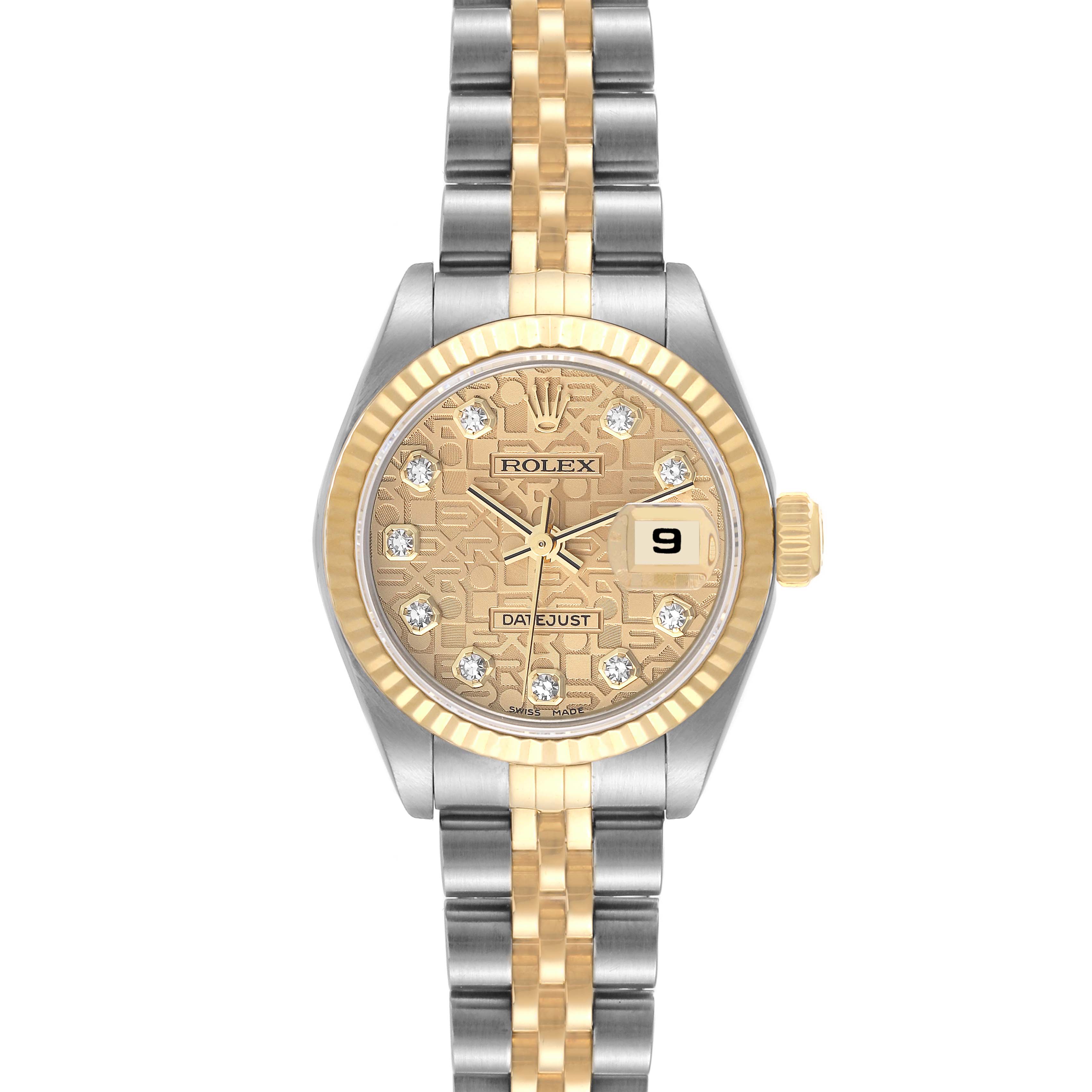 The Rolex Datejust 79173 Women's Steel and Gold (two tone) Champagne Dial 79173 Women's Steel and Gold (two tone) Champagne Dial watch is shown from the front, highlighting its dial, bezel, bracelet, and crown.