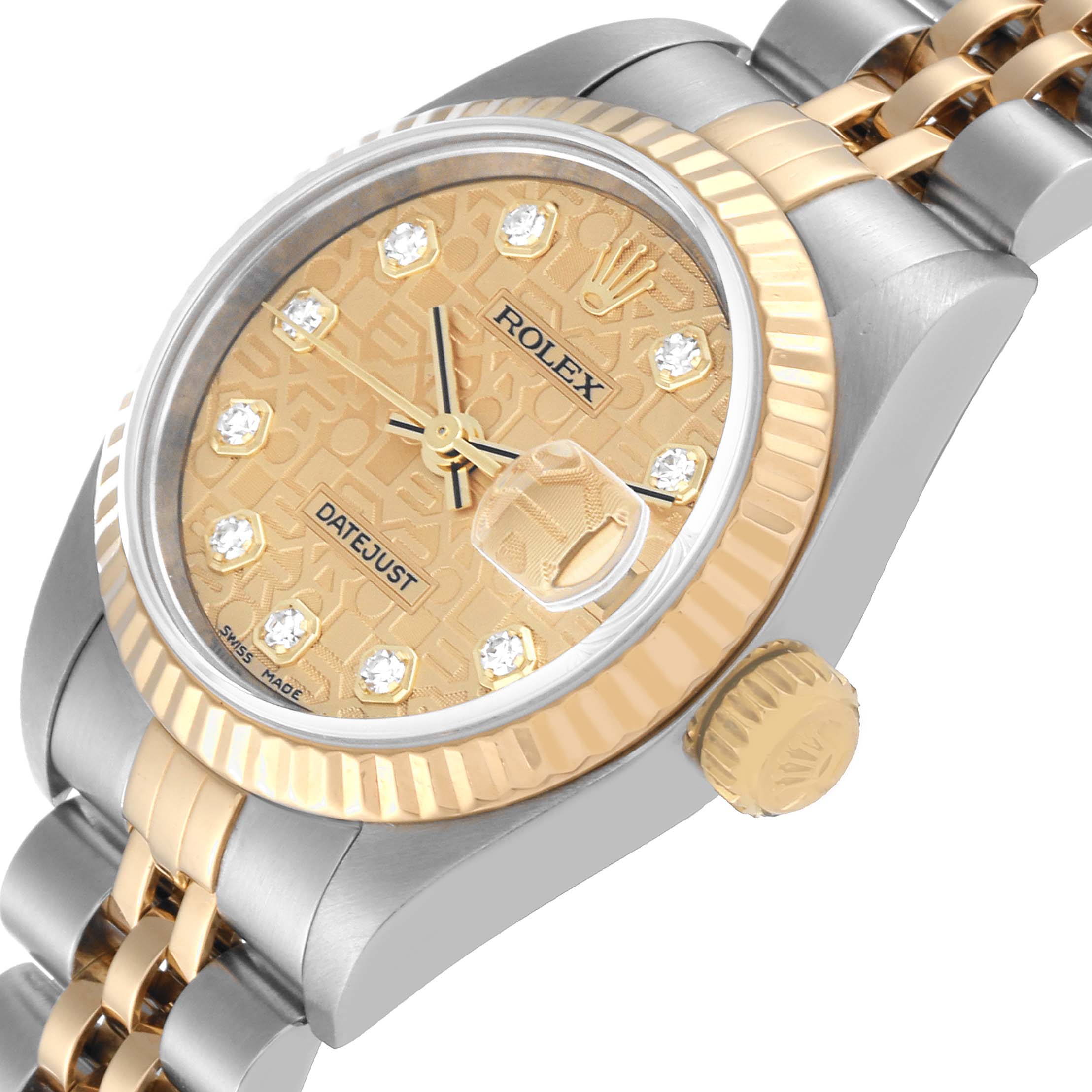 This Rolex Datejust 79173 Women's Steel and Gold (two tone) Champagne Dial 79173 Women's Steel and Gold (two tone) Champagne Dial watch is shown at an angled close-up, featuring the dial, bezel, crown, and part of the bracelet.