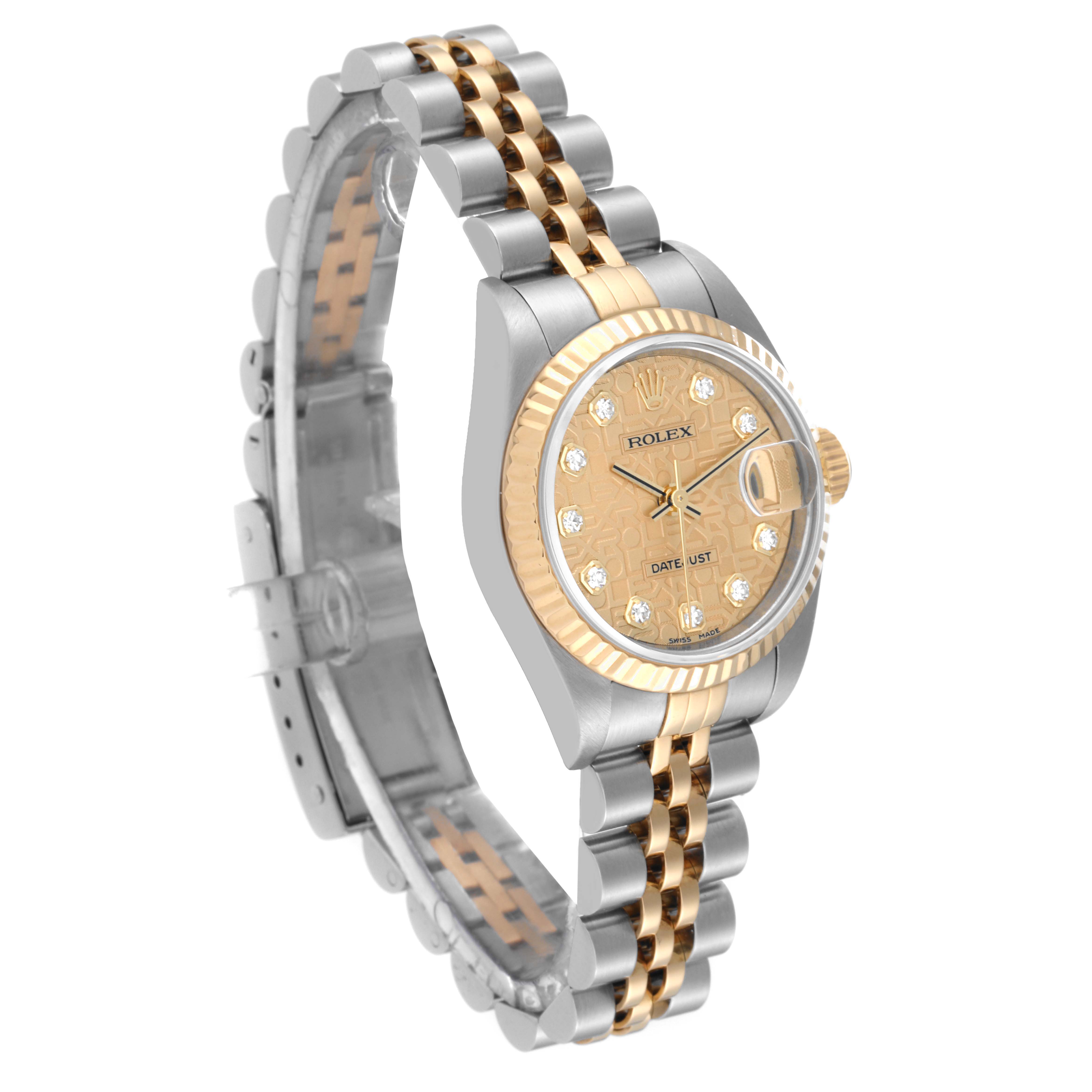 This image shows a side view of the Rolex Datejust 79173 Women's Steel and Gold (two tone) Champagne Dial 79173 Women's Steel and Gold (two tone) Champagne Dial watch, highlighting its two-tone bracelet, fluted bezel, and diamond hour markers.