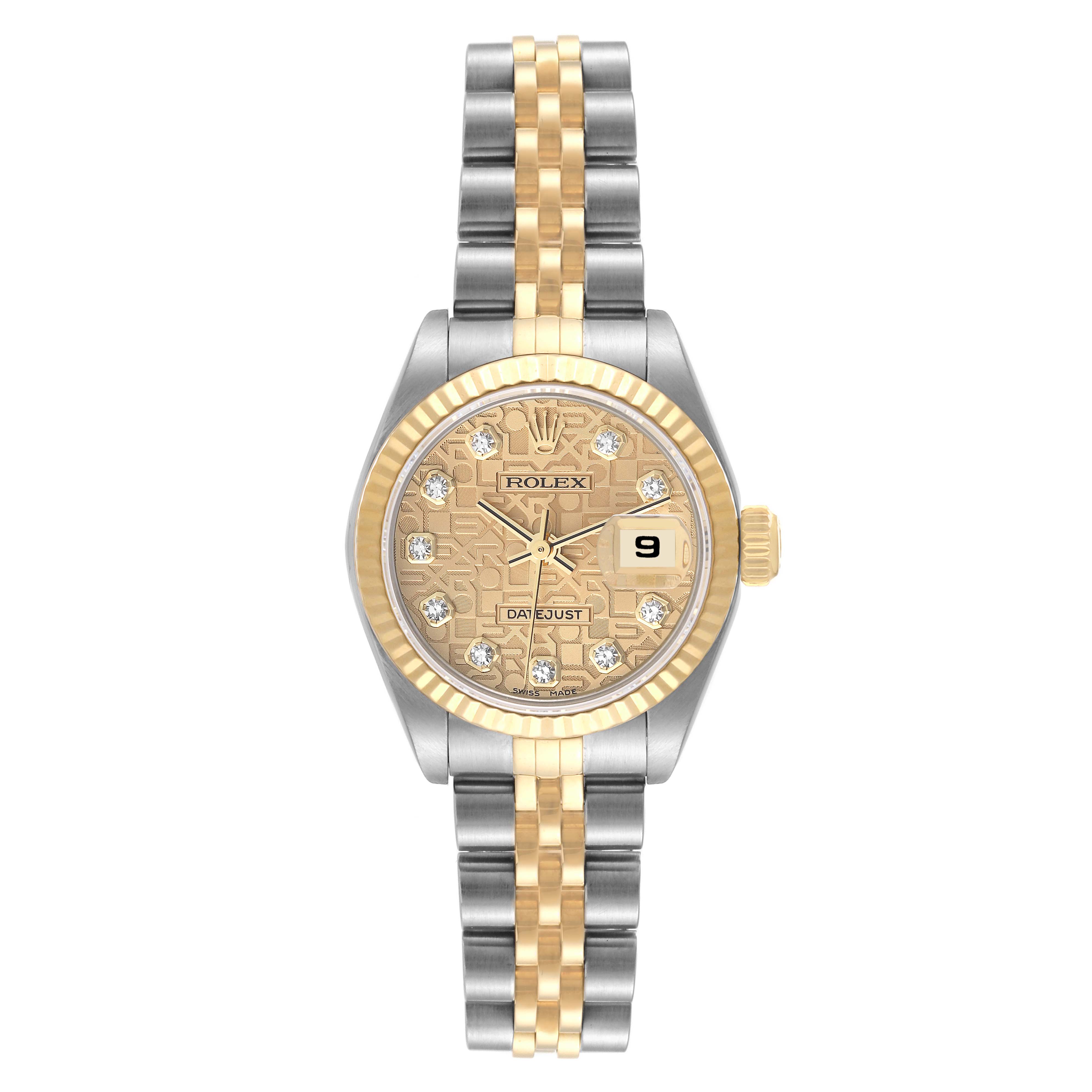 The image shows a Rolex Datejust 79173 Women's Steel and Gold (two tone) Champagne Dial 79173 Women's Steel and Gold (two tone) Champagne Dial watch from a front angle, highlighting the dial, bezel, and bracelet.