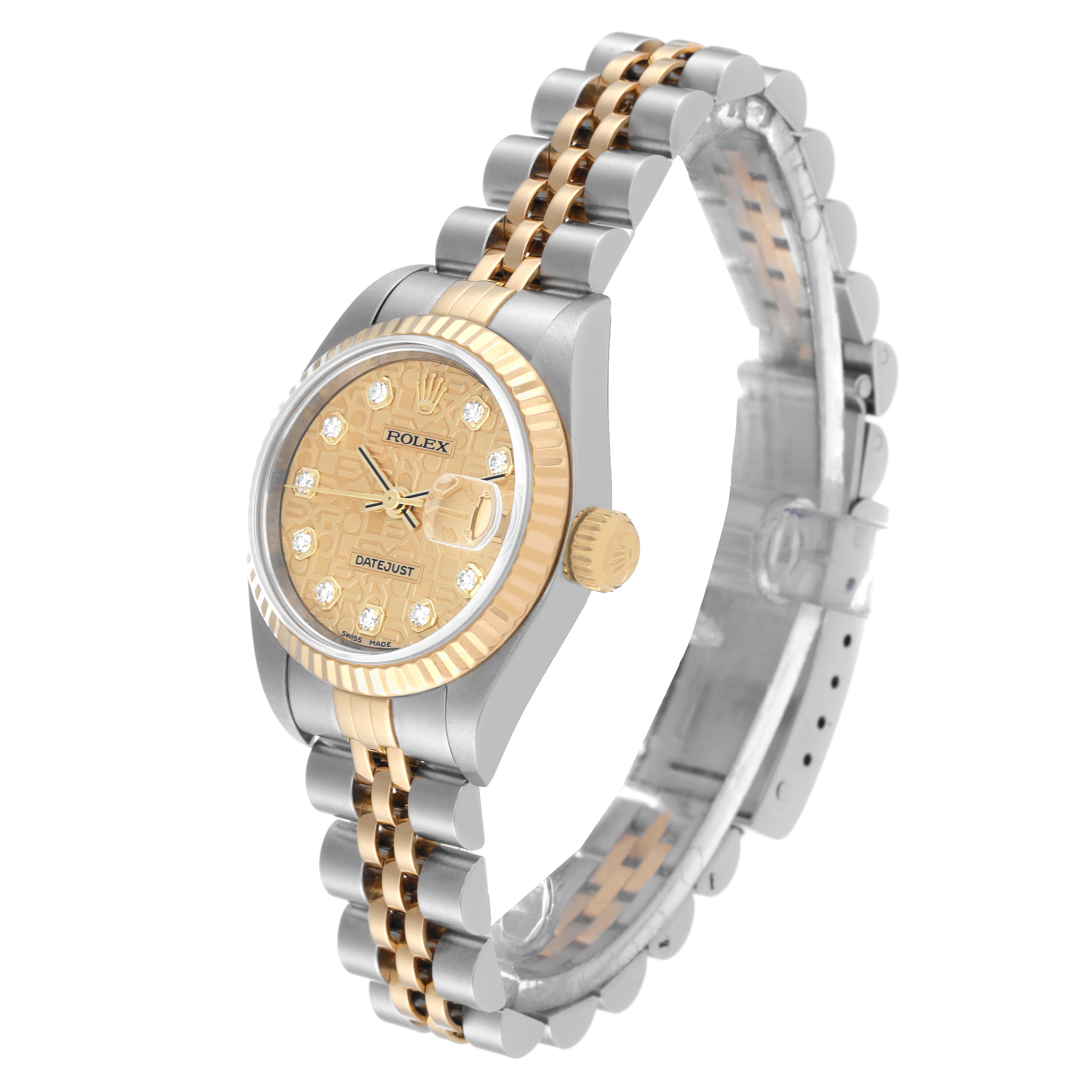 The image shows a Rolex Datejust 79173 Women's Steel and Gold (two tone) Champagne Dial 79173 Women's Steel and Gold (two tone) Champagne Dial watch at an angle revealing the dial, bezel, and bracelet.