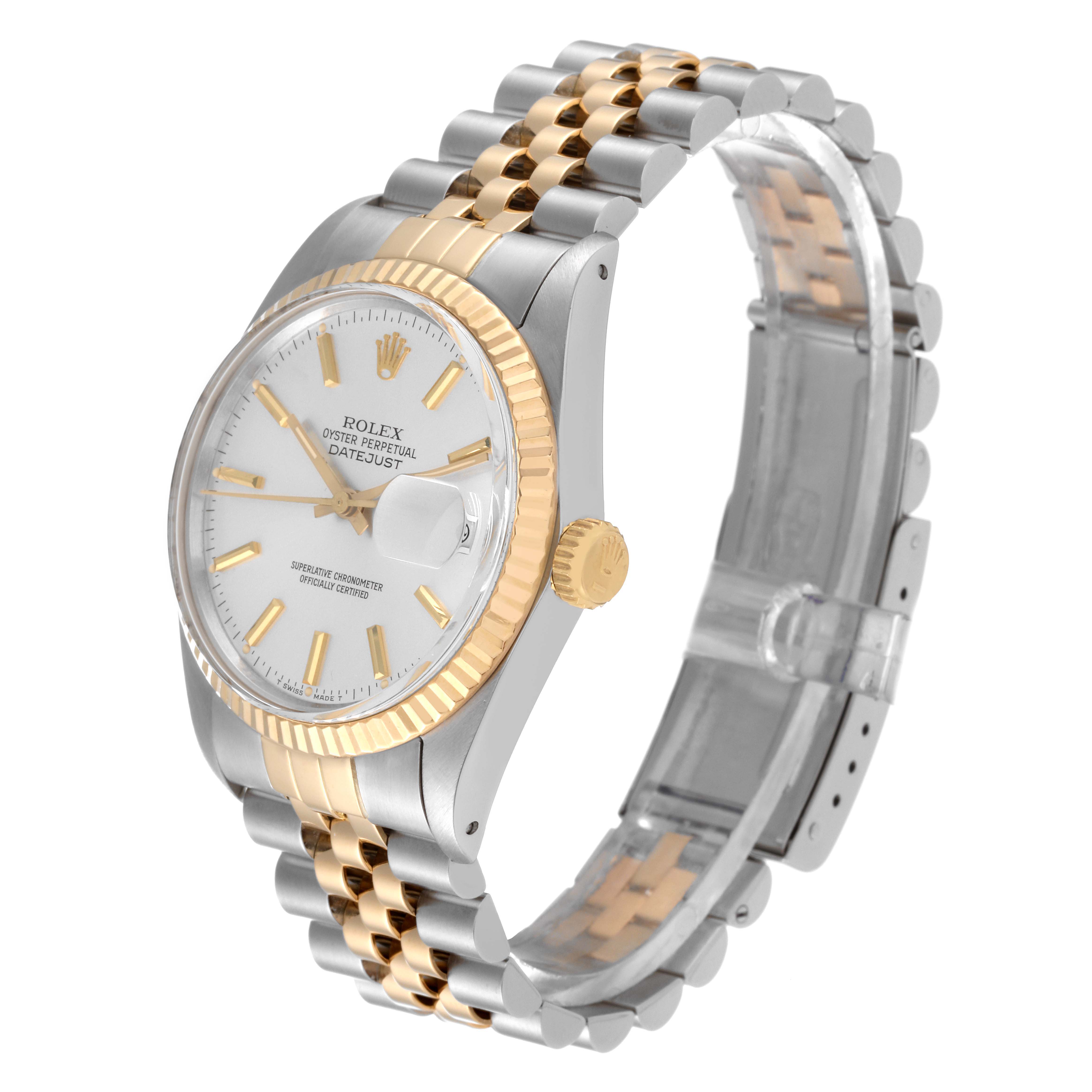 The Rolex Datejust 16013 Men's Steel and Gold (two tone) Silver Dial 16013 Men's Steel and Gold (two tone) Silver Dial watch is shown at a three-quarter angle, highlighting its dial, crown, and two-tone bracelet.