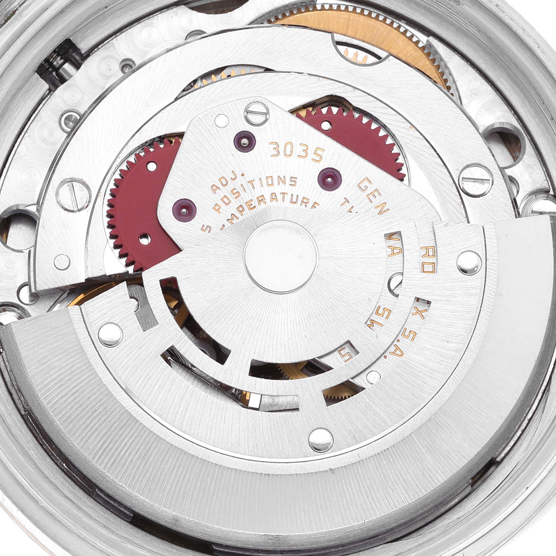 This is a close-up of the movement mechanism from a Rolex Datejust 16013 Men's Steel and Gold (two tone) Silver Dial 16013 Men's Steel and Gold (two tone) Silver Dial model watch.