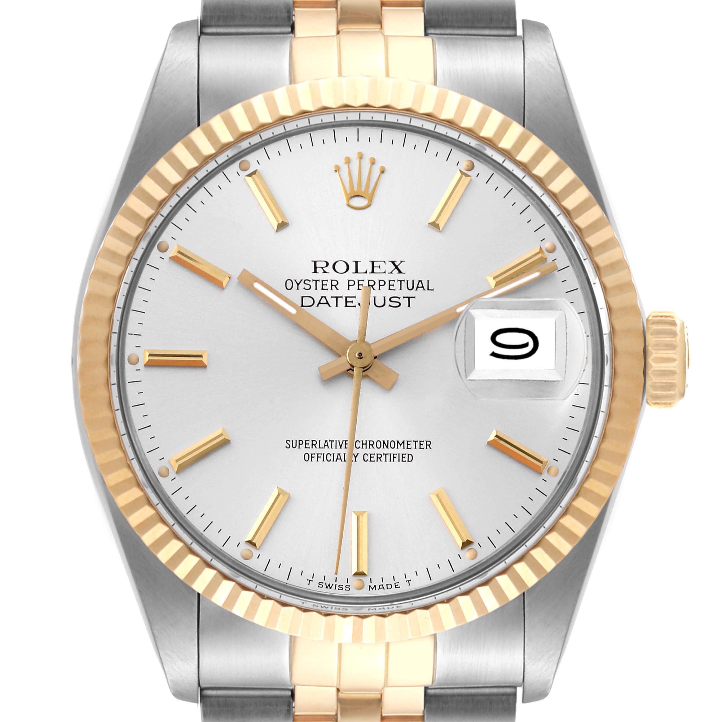 The image shows a Rolex Datejust 16013 Men's Steel and Gold (two tone) Silver Dial 16013 Men's Steel and Gold (two tone) Silver Dial watch from a front angle, highlighting the dial, case, bezel, and part of the bracelet.