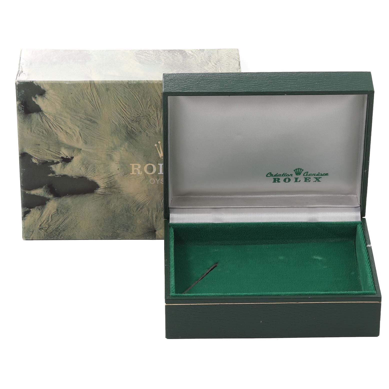 The image shows an open green presentation box and outer box for a Rolex Datejust 16013 Men's Steel and Gold (two tone) Silver Dial 16013 Men's Steel and Gold (two tone) Silver Dial watch.