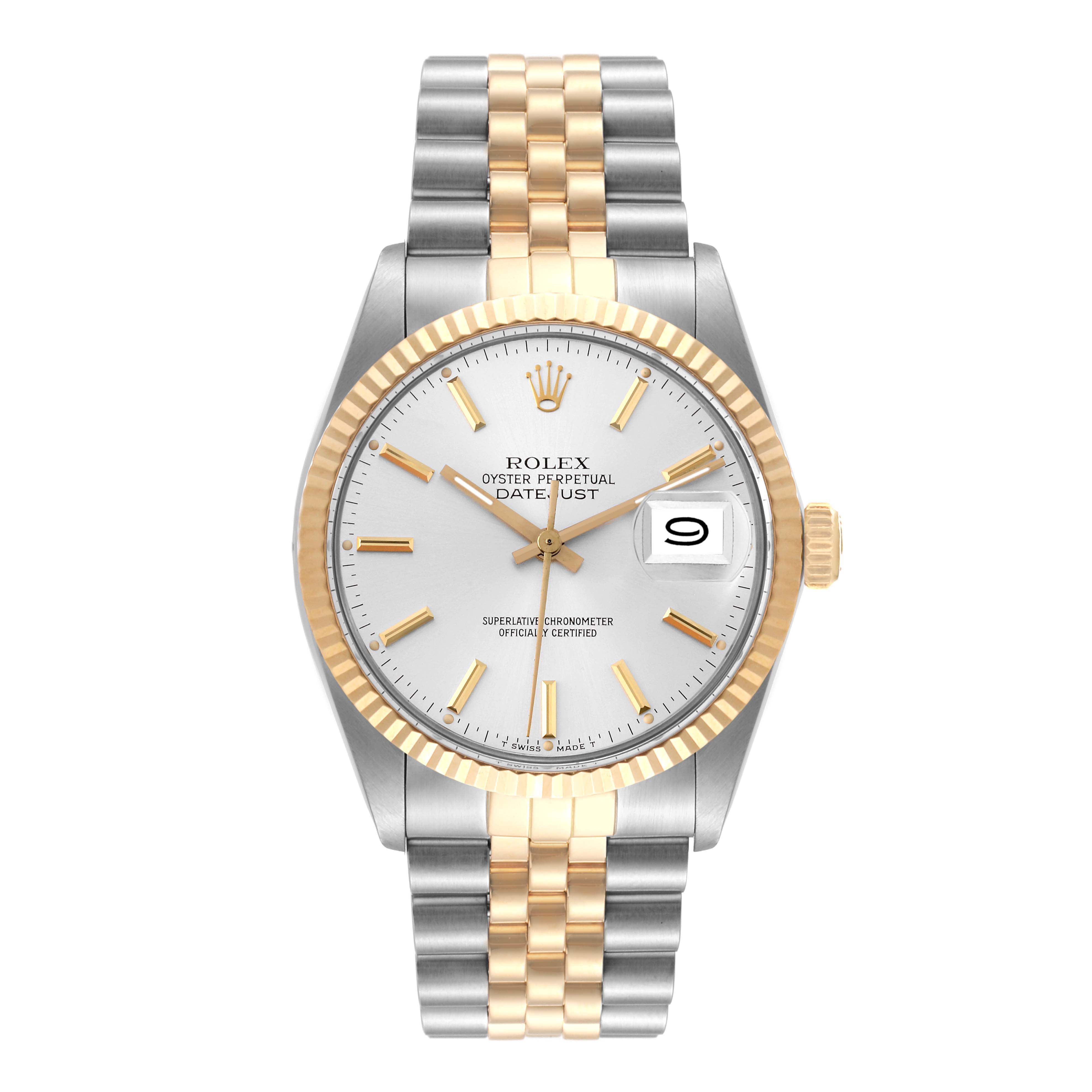 The image shows a front view of a Rolex Datejust 16013 Men's Steel and Gold (two tone) Silver Dial 16013 Men's Steel and Gold (two tone) Silver Dial watch with a silver and gold jubilee bracelet and a fluted bezel.