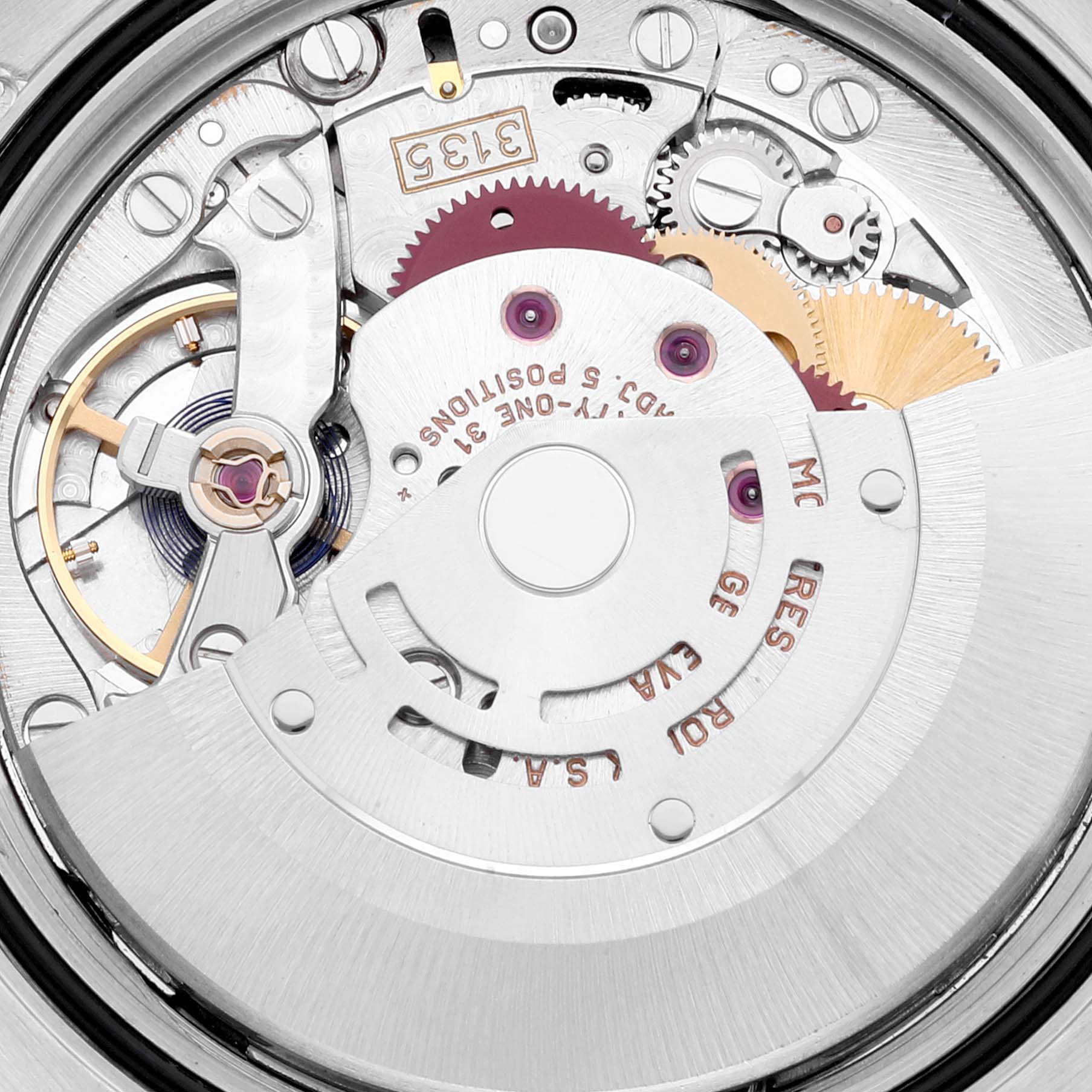 This image shows a close-up view of the internal movement mechanism of a Rolex Datejust 116233 Men's Steel and Gold (two tone) White Dial 116233 Men's Steel and Gold (two tone) White Dial watch.
