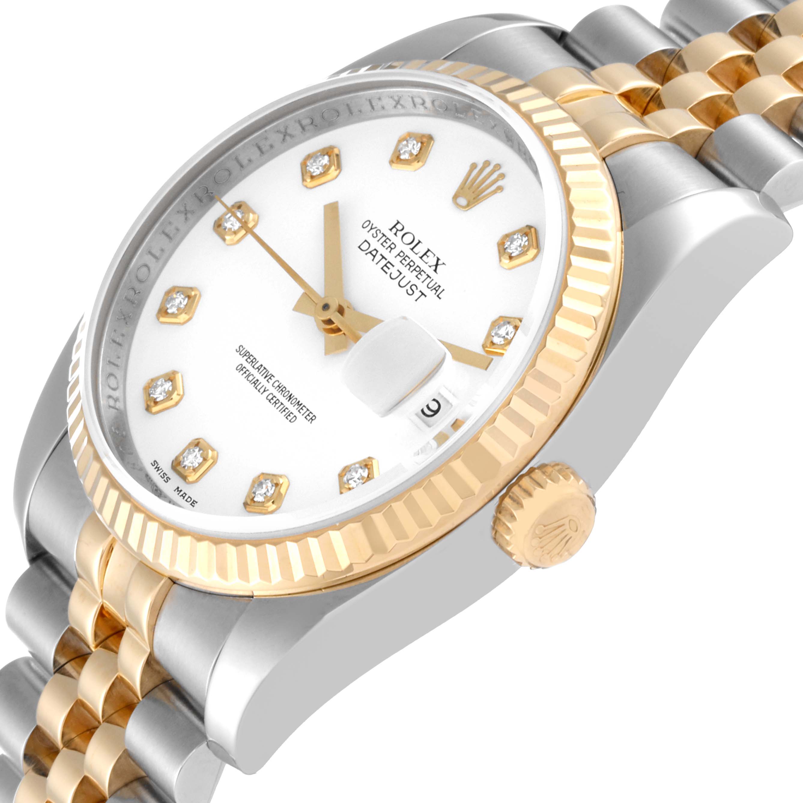 This image shows a close-up angle of a Rolex Datejust 116233 Men's Steel and Gold (two tone) White Dial 116233 Men's Steel and Gold (two tone) White Dial watch, highlighting the dial, bezel, crown, and part of the bracelet.