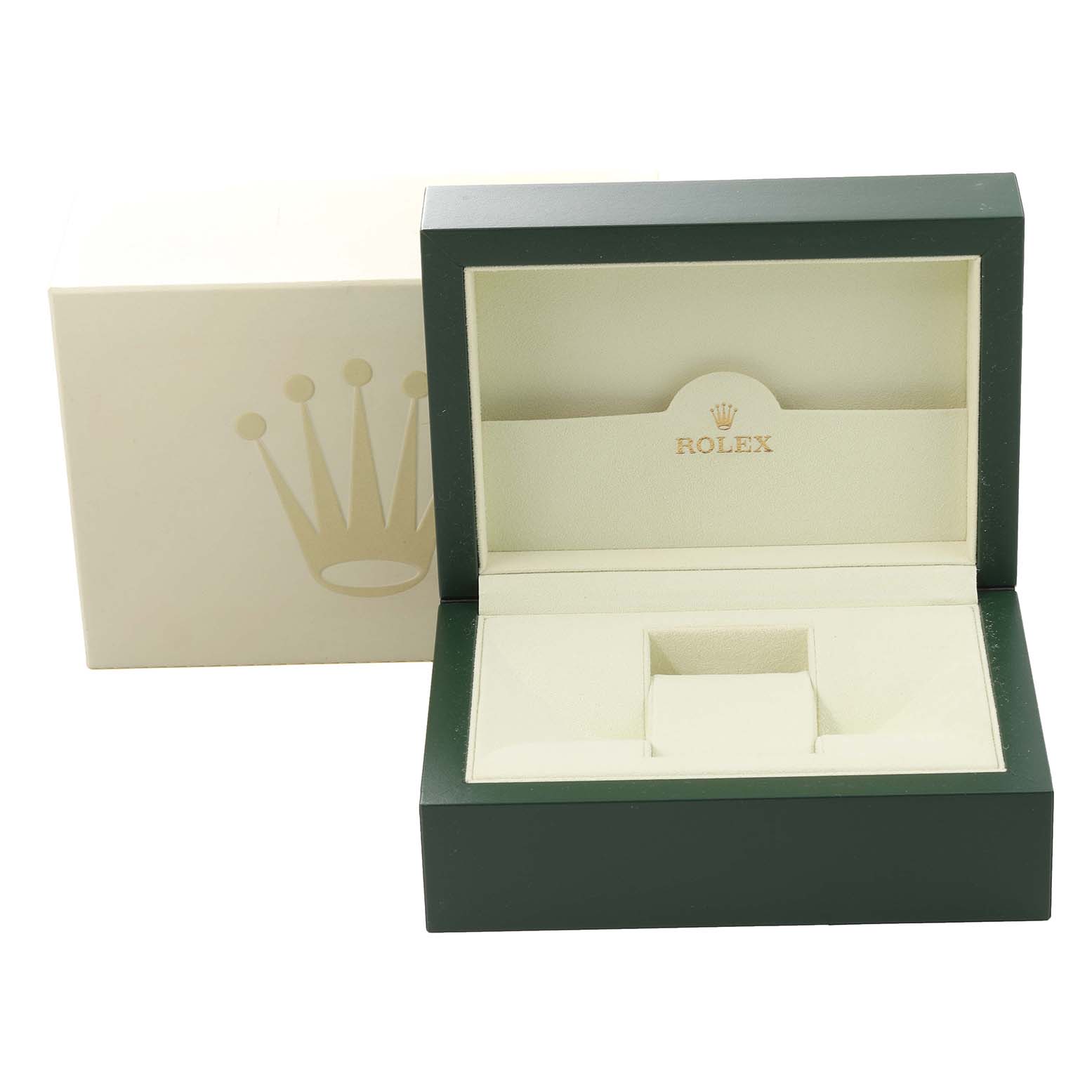 This image displays an empty Rolex Datejust 116233 Men's Steel and Gold (two tone) White Dial 116233 Men's Steel and Gold (two tone) White Dial watch box and the outer packaging from a front angle.