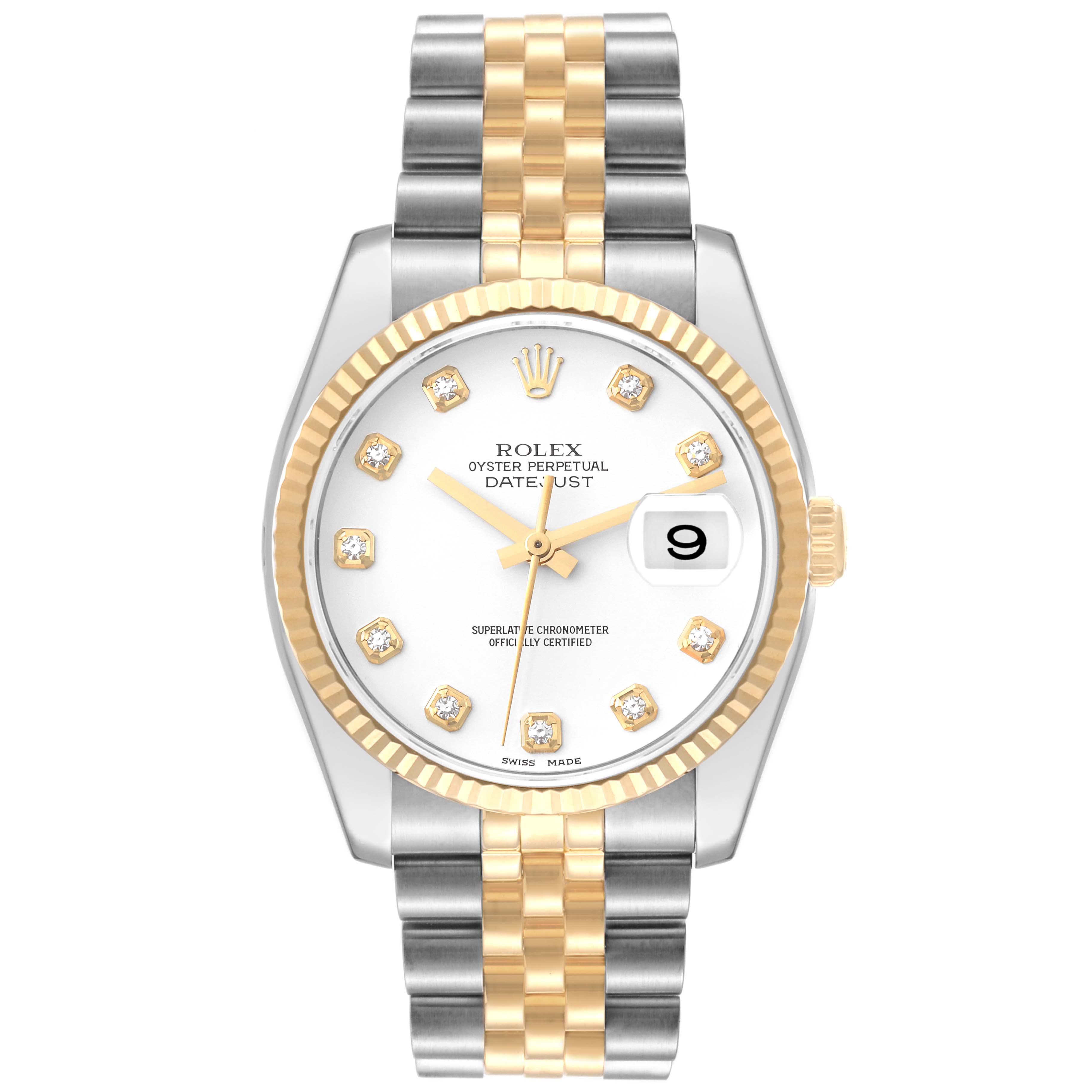 This image shows a front view of a Rolex Datejust 116233 Men's Steel and Gold (two tone) White Dial 116233 Men's Steel and Gold (two tone) White Dial watch with a stainless steel and gold bracelet and a diamond-set dial.