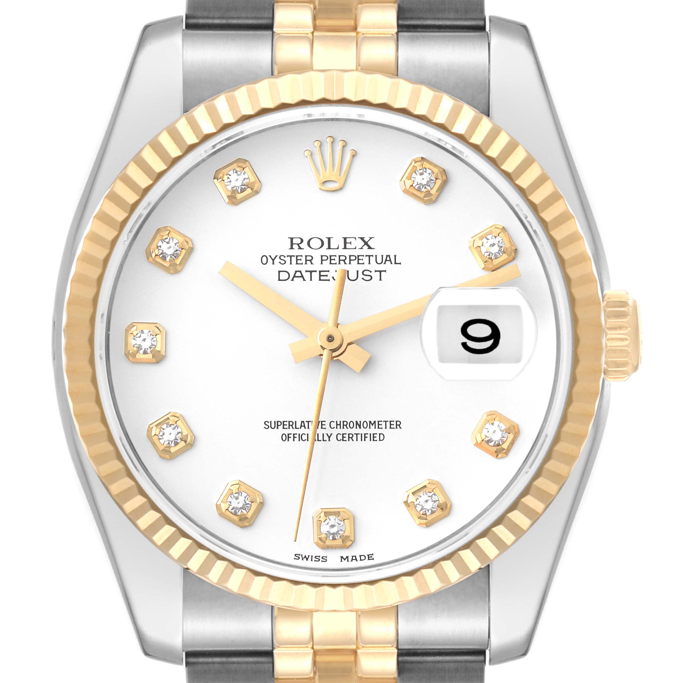 This image shows a front view of the Rolex Datejust 116233 Men's Steel and Gold (two tone) White Dial 116233 Men's Steel and Gold (two tone) White Dial watch, featuring a gold bezel, diamond hour markers, and a date window.