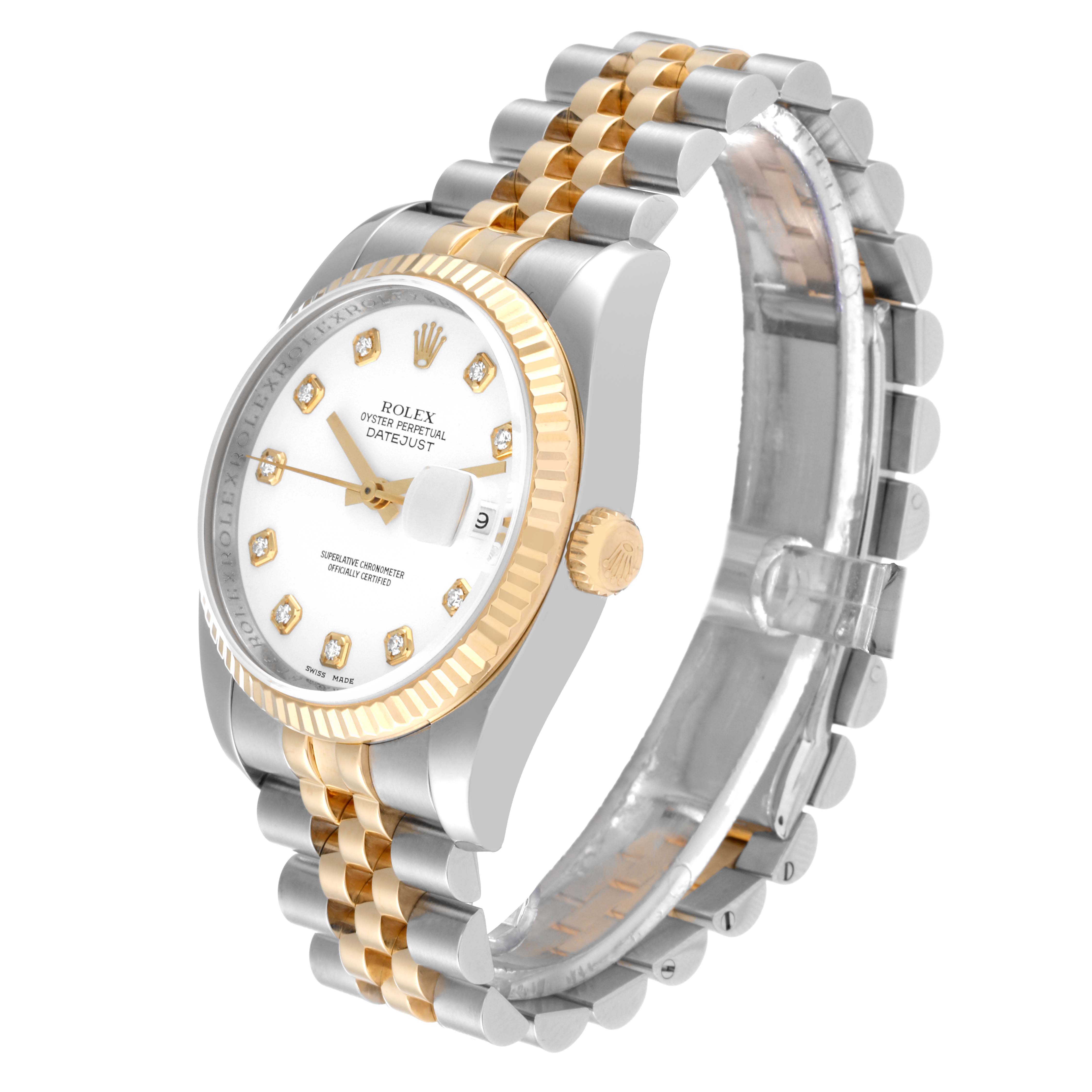 The Rolex Datejust 116233 Men's Steel and Gold (two tone) White Dial 116233 Men's Steel and Gold (two tone) White Dial watch is shown at a slight side angle, displaying the wristband, crown, dial, and bezel.