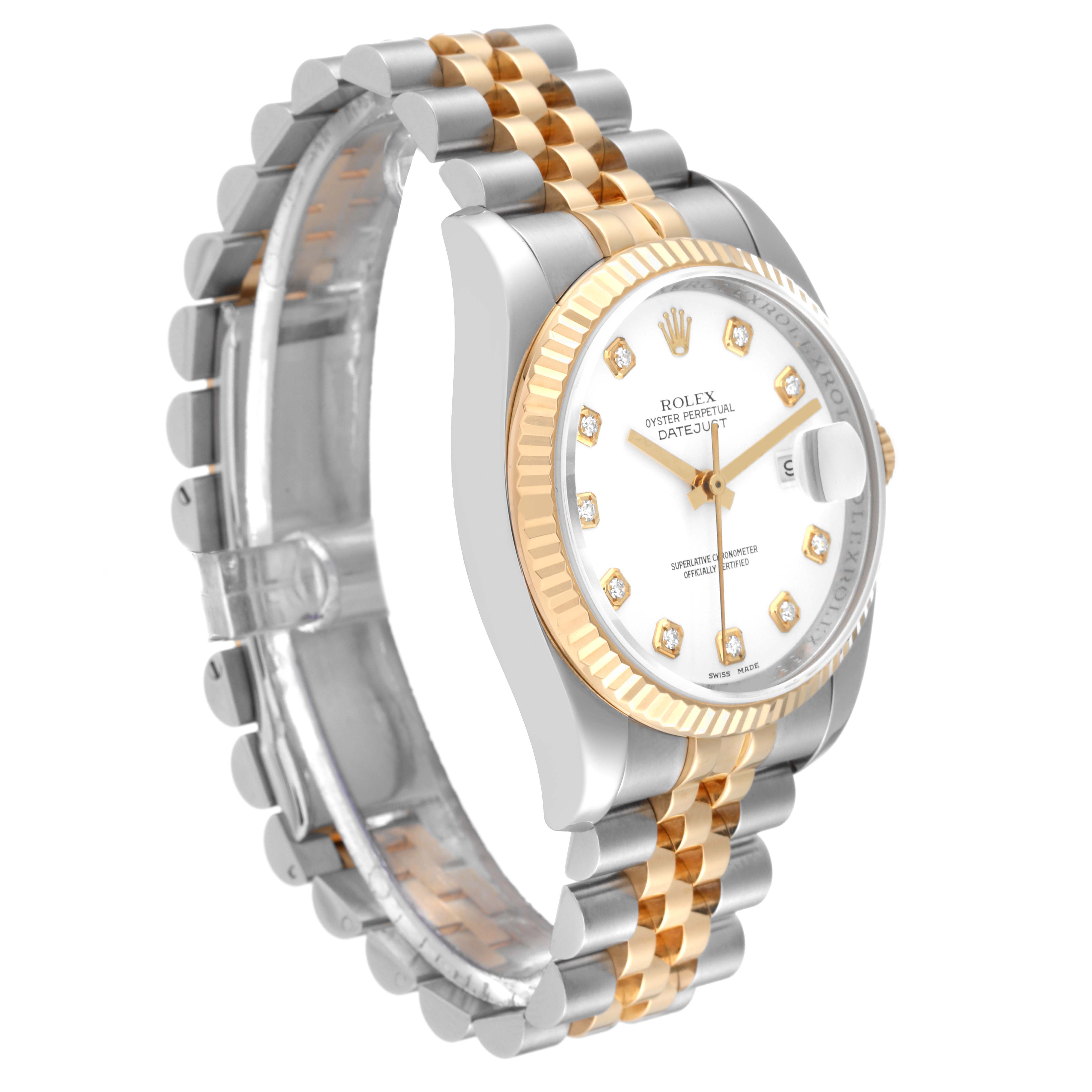 This image shows a Rolex Datejust 116233 Men's Steel and Gold (two tone) White Dial 116233 Men's Steel and Gold (two tone) White Dial watch at a three-quarter angle displaying the case, bezel, dial, and Jubilee bracelet.
