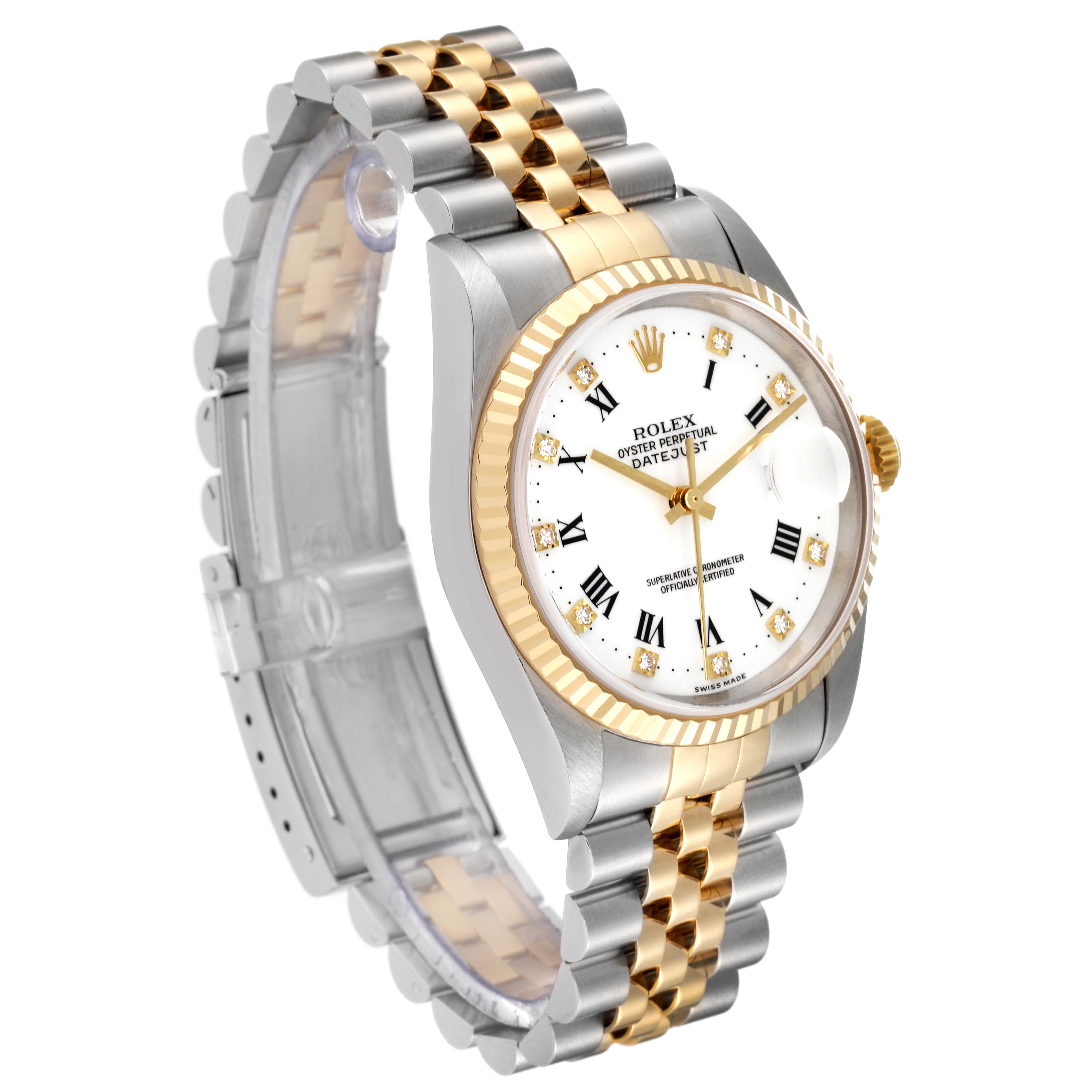 The Rolex Datejust 16233 Men's Steel and Gold (two tone) White Dial 16233 Men's Steel and Gold (two tone) White Dial model watch is shown from a three-quarter angle, highlighting its face, bezel, and half-open bracelet.