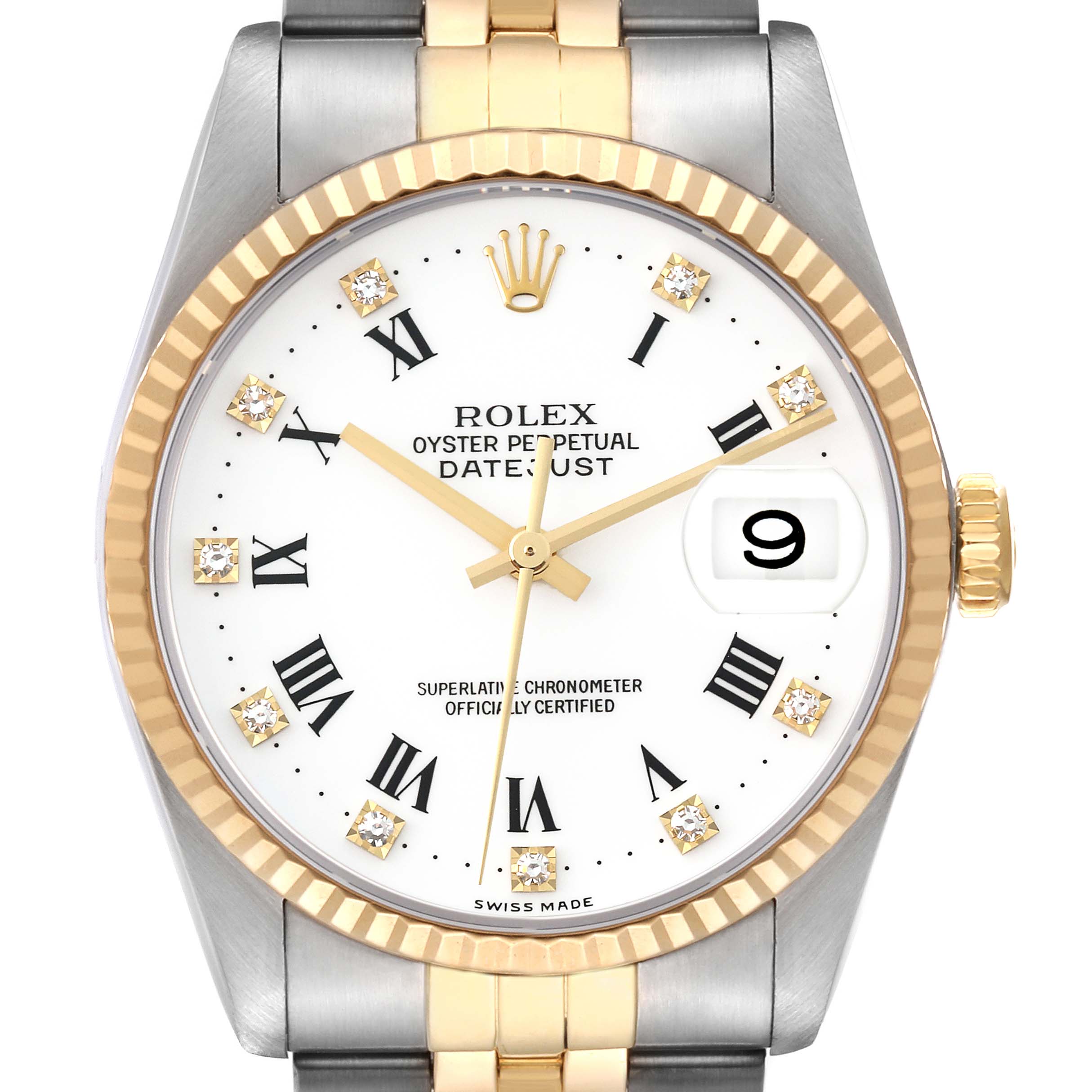 The image shows a front view of the dial, bezel, crown, and part of the bracelet of a Rolex Datejust 16233 Men's Steel and Gold (two tone) White Dial 16233 Men's Steel and Gold (two tone) White Dial watch.