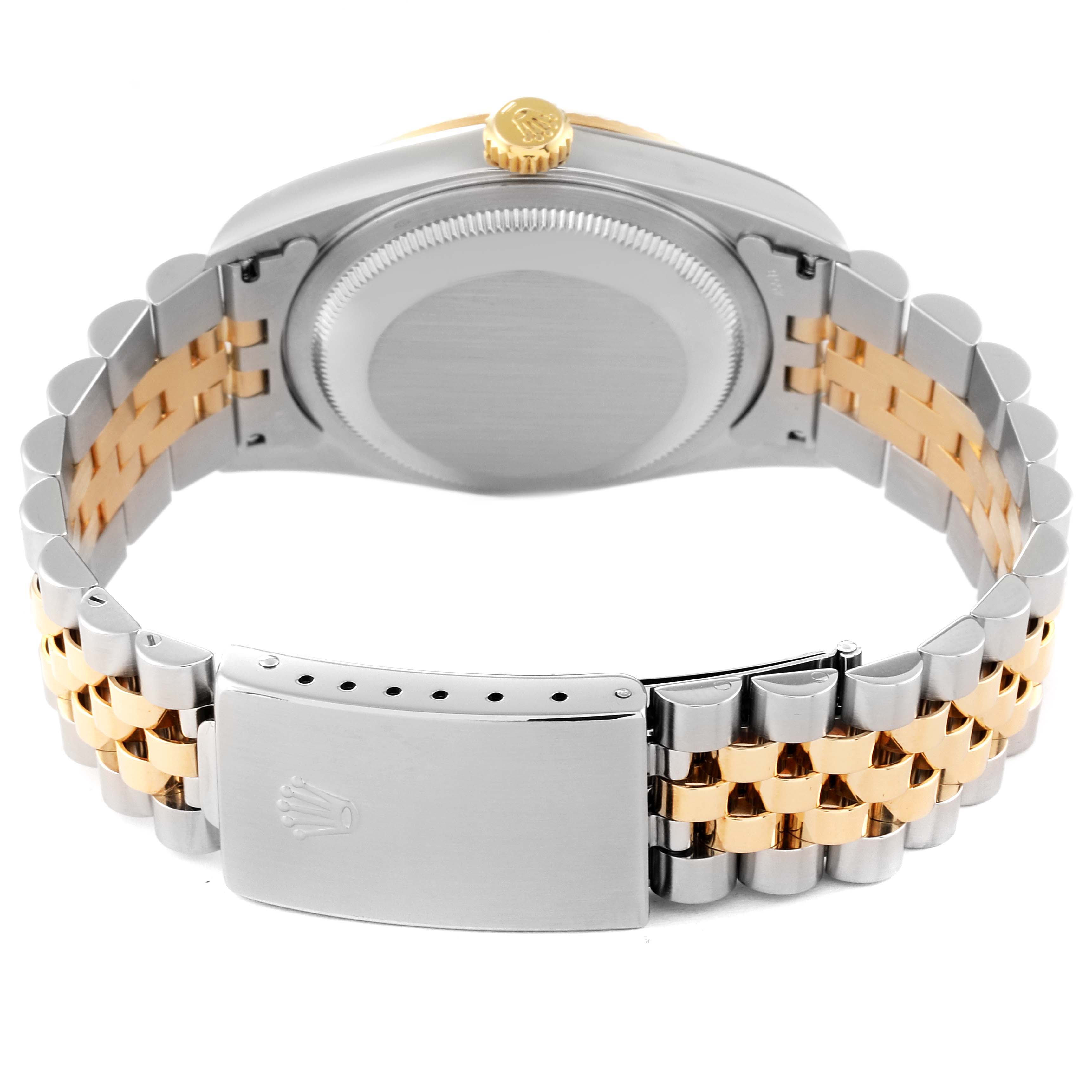 The image shows the back view of a Rolex Datejust 16233 Men's Steel and Gold (two tone) White Dial 16233 Men's Steel and Gold (two tone) White Dial watch, highlighting the case back, crown, and two-tone bracelet with clasp.