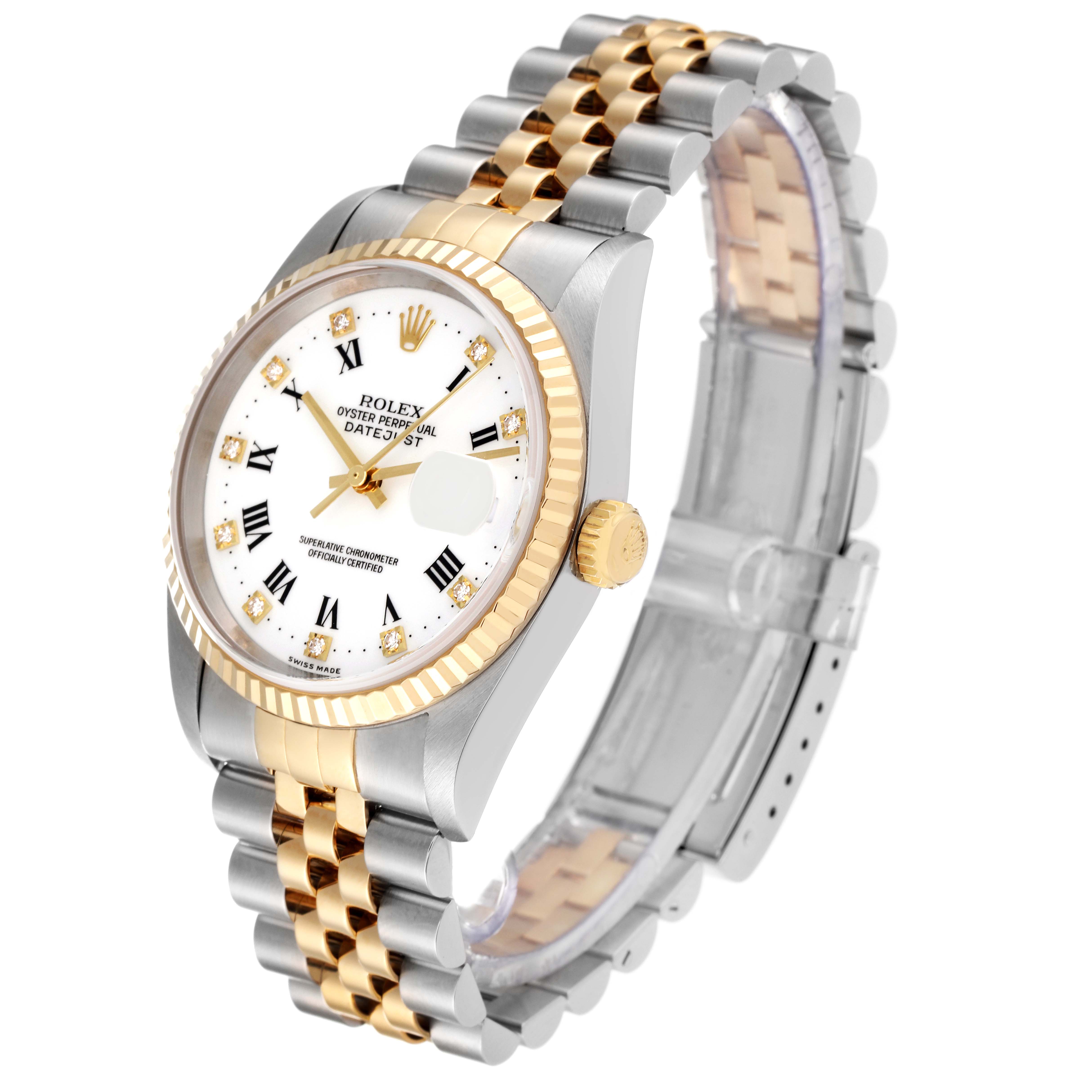 The image shows a Rolex Datejust 16233 Men's Steel and Gold (two tone) White Dial 16233 Men's Steel and Gold (two tone) White Dial watch at an angle highlighting the face, bezel, crown, and bracelet.