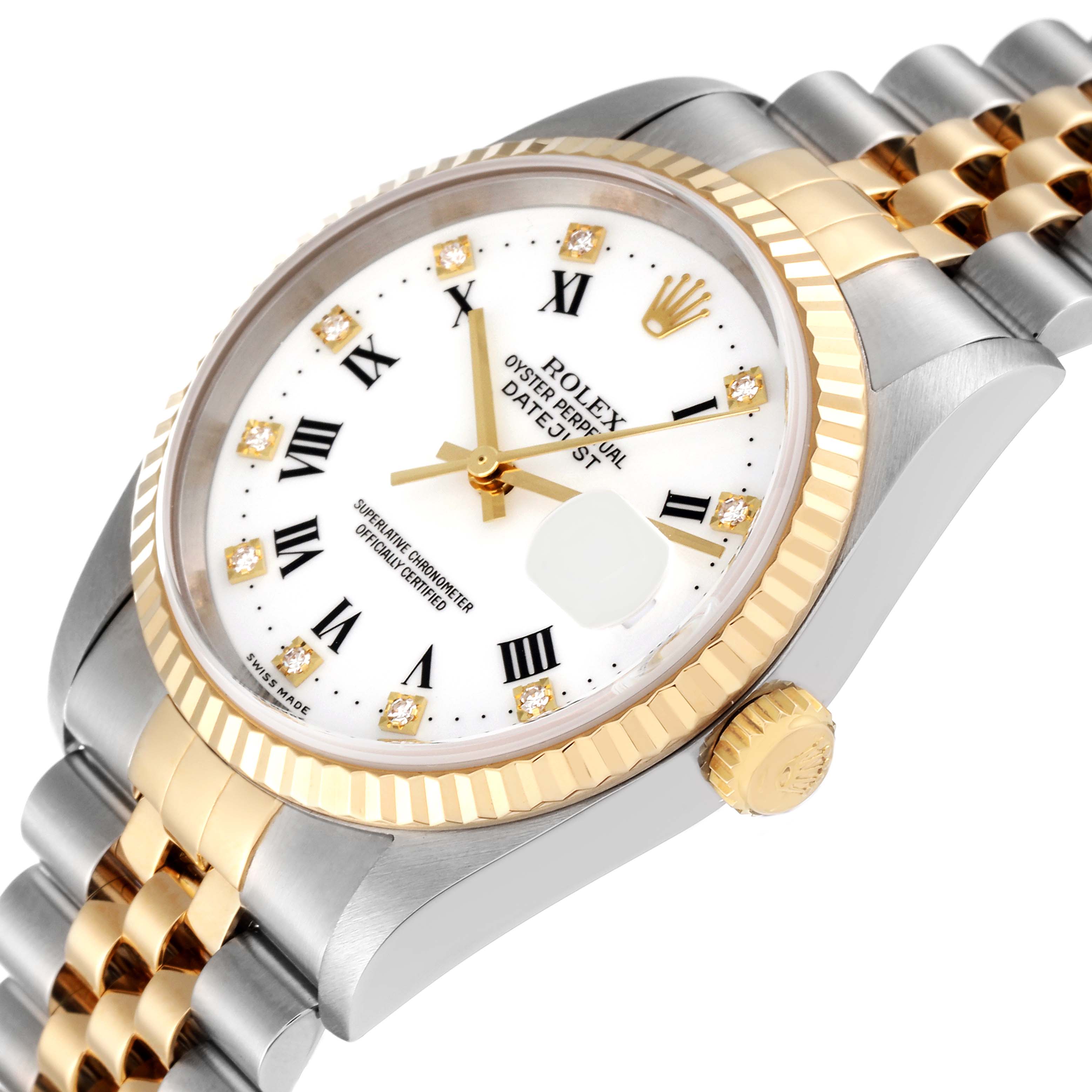 The image shows a close-up angle of a Rolex Datejust 16233 Men's Steel and Gold (two tone) White Dial 16233 Men's Steel and Gold (two tone) White Dial watch, featuring the dial, bezel, crown, and part of the bracelet.