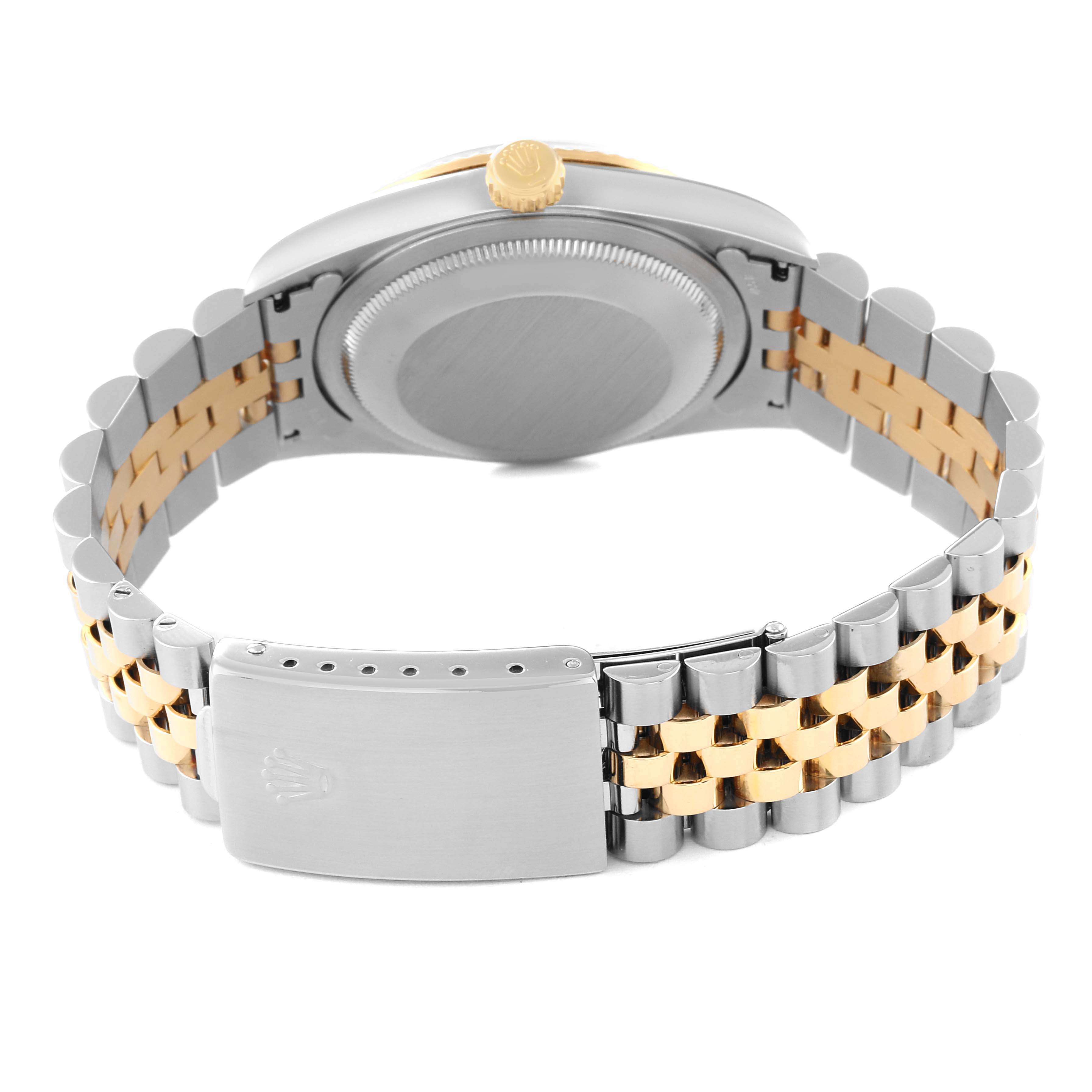 This image shows the back view of a Rolex Datejust 16233 Men's Steel and Gold (two tone) White Dial 16233 Men's Steel and Gold (two tone) White Dial watch, featuring its bracelet and clasp.
