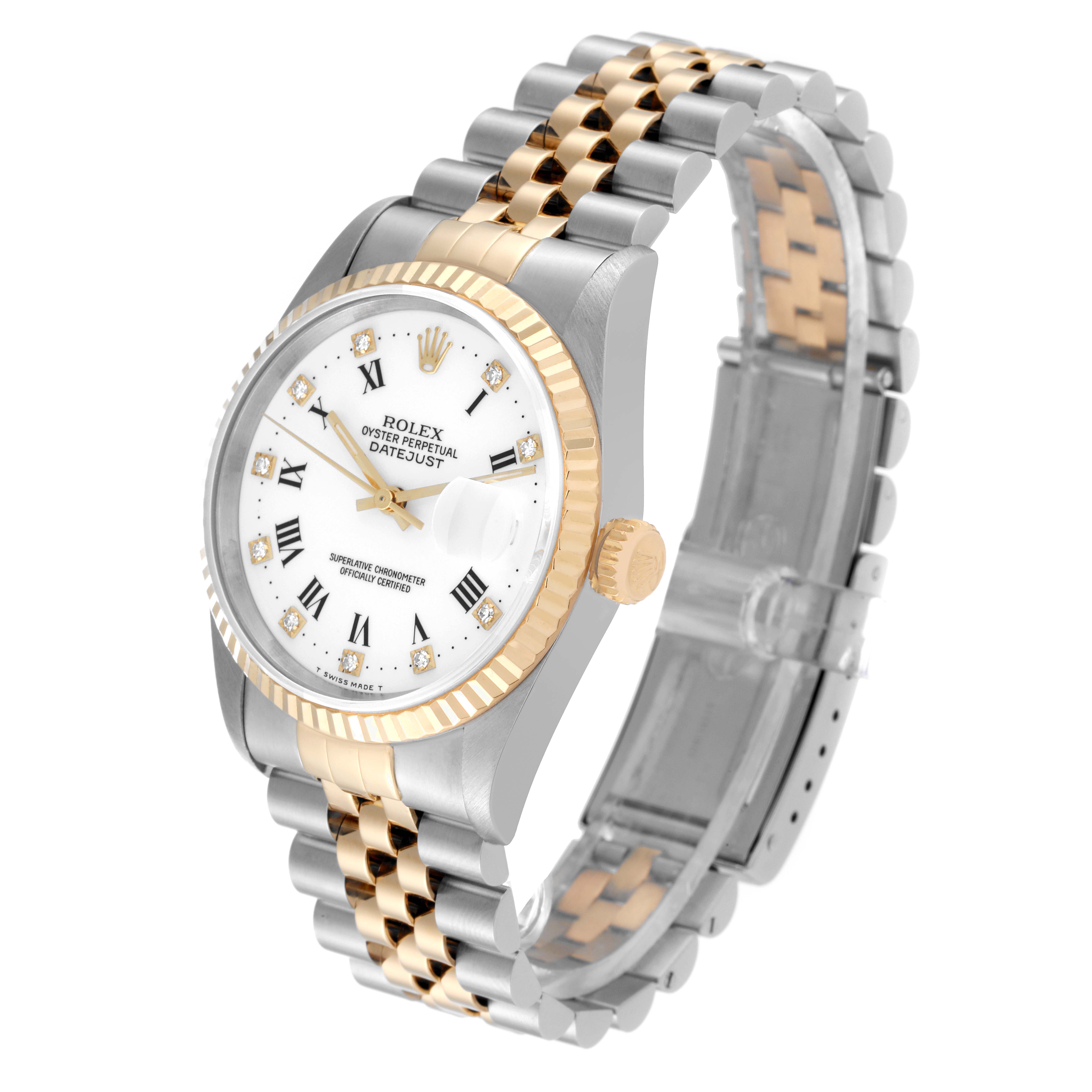 The Rolex Datejust 16233 Men's Steel and Gold (two tone) White Dial 16233 Men's Steel and Gold (two tone) White Dial watch is shown at an angled view, displaying the face, fluted bezel, crown, and two-tone bracelet.