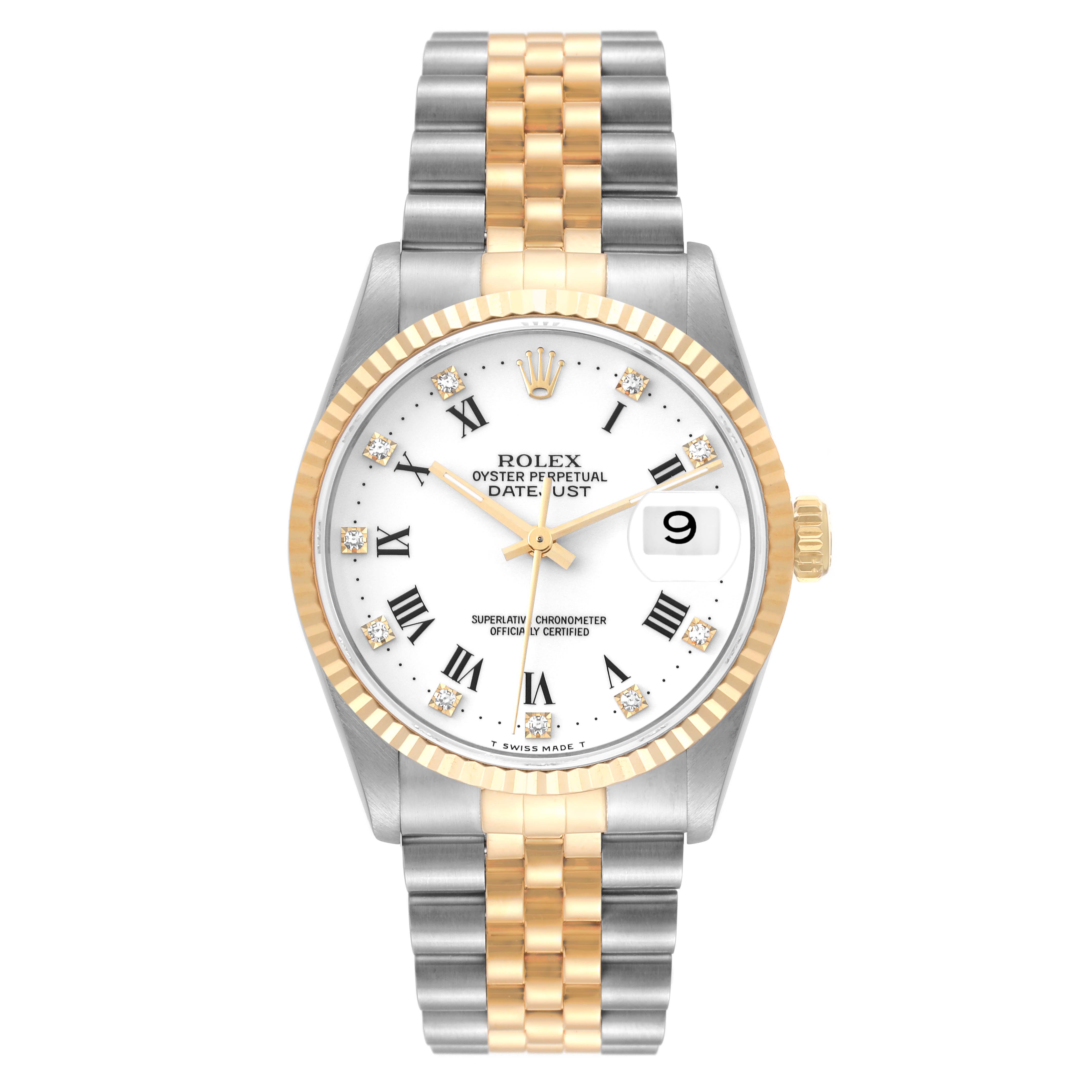 The image shows a frontal view of a Rolex Datejust 16233 Men's Steel and Gold (two tone) White Dial 16233 Men's Steel and Gold (two tone) White Dial watch, displaying the face, bezel, crown, and two-tone bracelet.