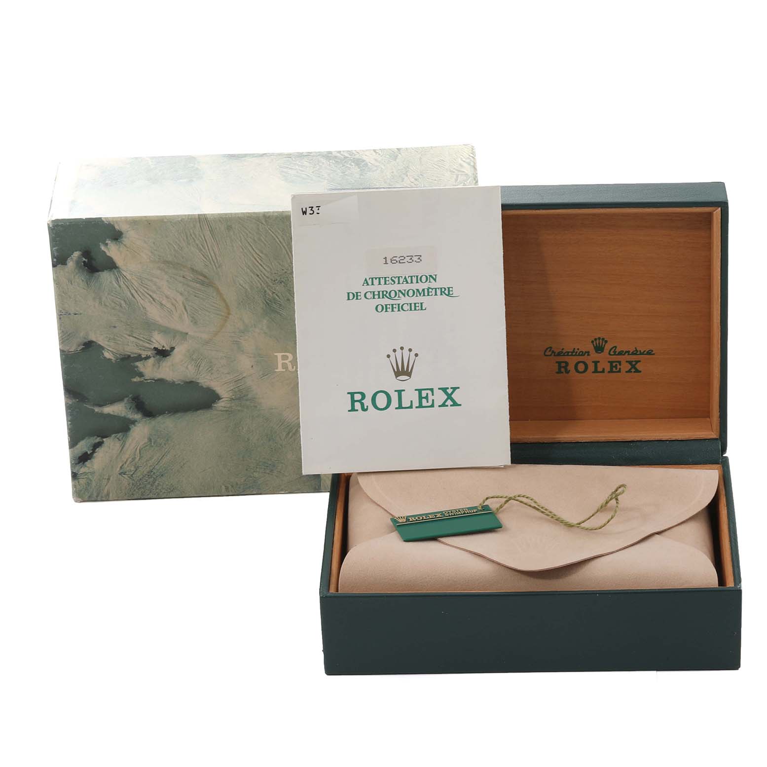 The image shows the box, manual, and tag of a Rolex Datejust 16233 Men's Steel and Gold (two tone) White Dial 16233 Men's Steel and Gold (two tone) White Dial watch model.