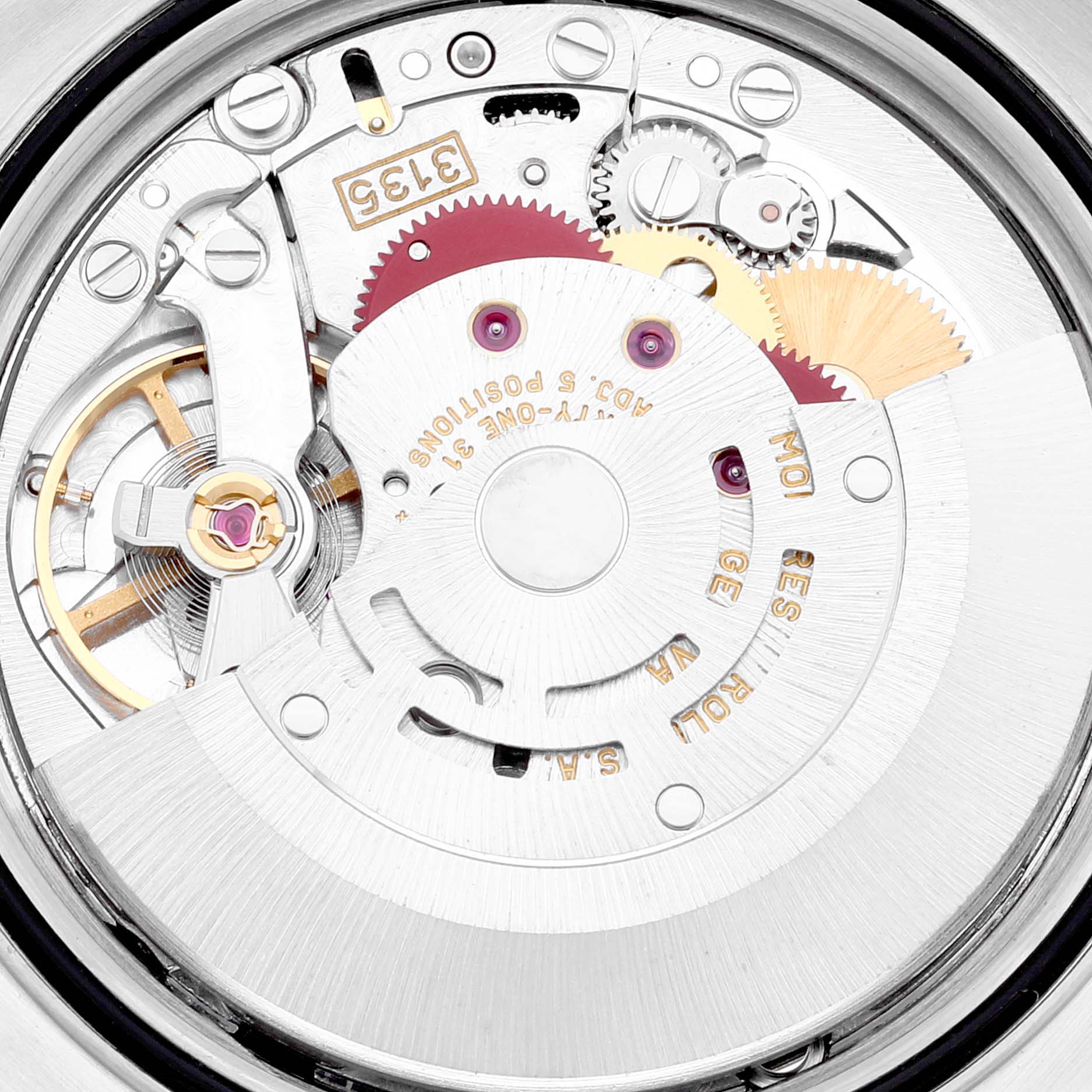 This image shows a close-up of the movement mechanism inside a Rolex Datejust 16233 Men's Steel and Gold (two tone) White Dial 16233 Men's Steel and Gold (two tone) White Dial watch, highlighting gears and internal components.