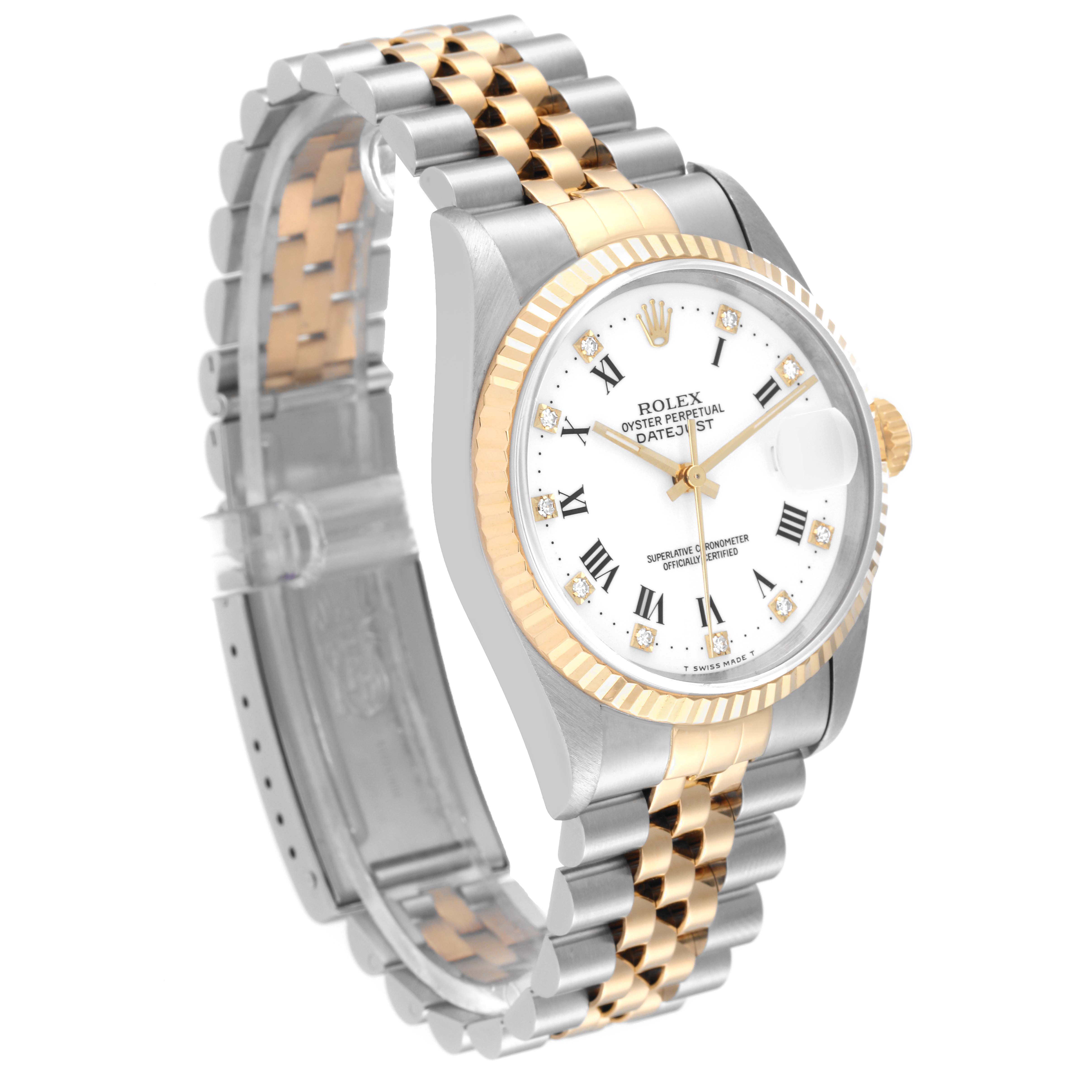 The Rolex Datejust 16233 Men's Steel and Gold (two tone) White Dial 16233 Men's Steel and Gold (two tone) White Dial watch is displayed at a three-quarter angle, showing the dial, bezel, and Jubilee bracelet.