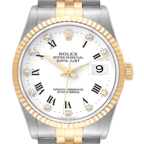 Photo of Rolex Datejust Steel Yellow Gold White Diamond Dial Mens Watch 16233 Box Papers