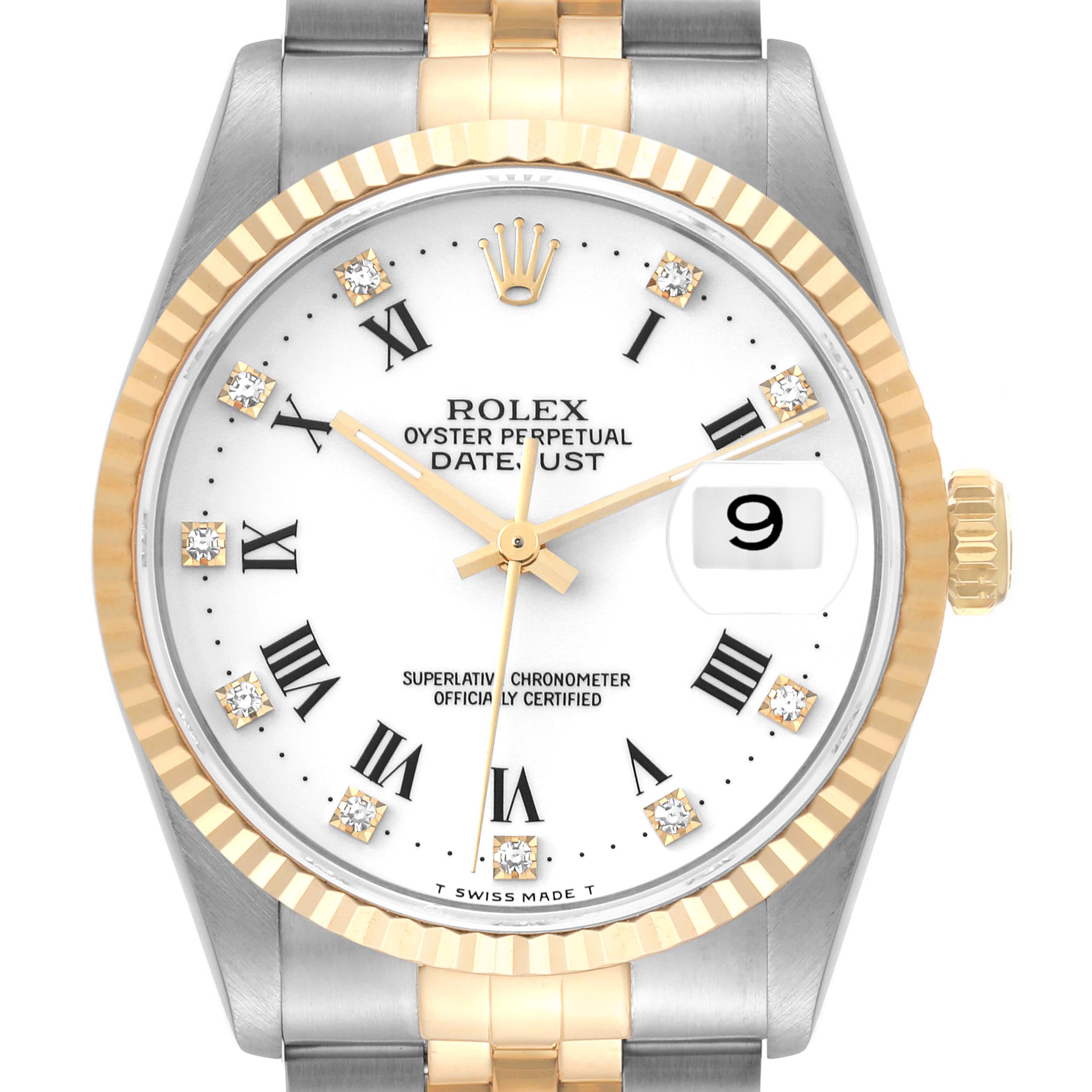 This image shows a close-up, front-facing view of a Rolex Datejust 16233 Men's Steel and Gold (two tone) White Dial 16233 Men's Steel and Gold (two tone) White Dial watch, highlighting the dial, bezel, and part of the bracelet.