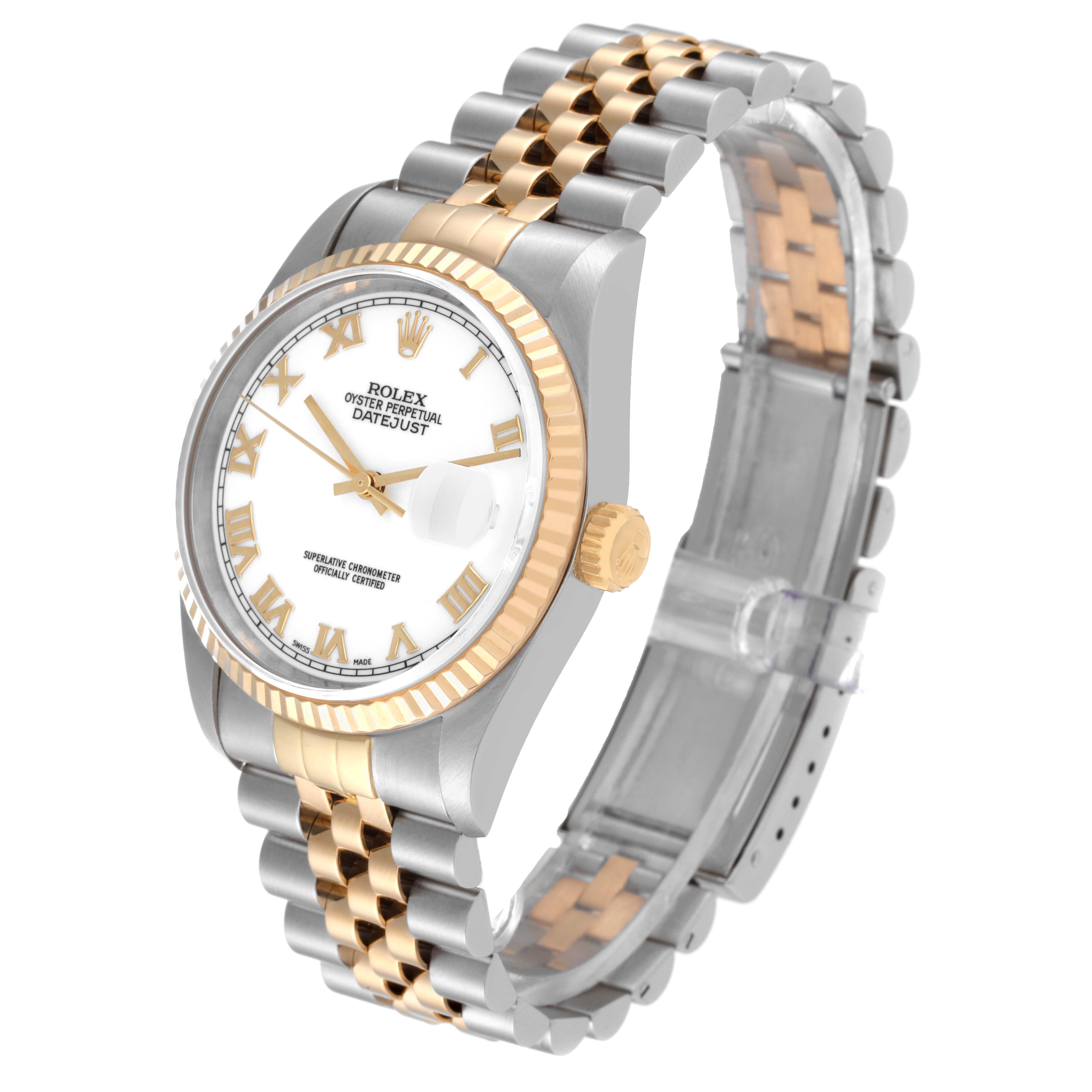 The image shows a side-profile and angled view of a Rolex Datejust 16233 Men's Steel and Gold (two tone) White Dial 16233 Men's Steel and Gold (two tone) White Dial watch, highlighting the dial, bezel, and two-tone bracelet.