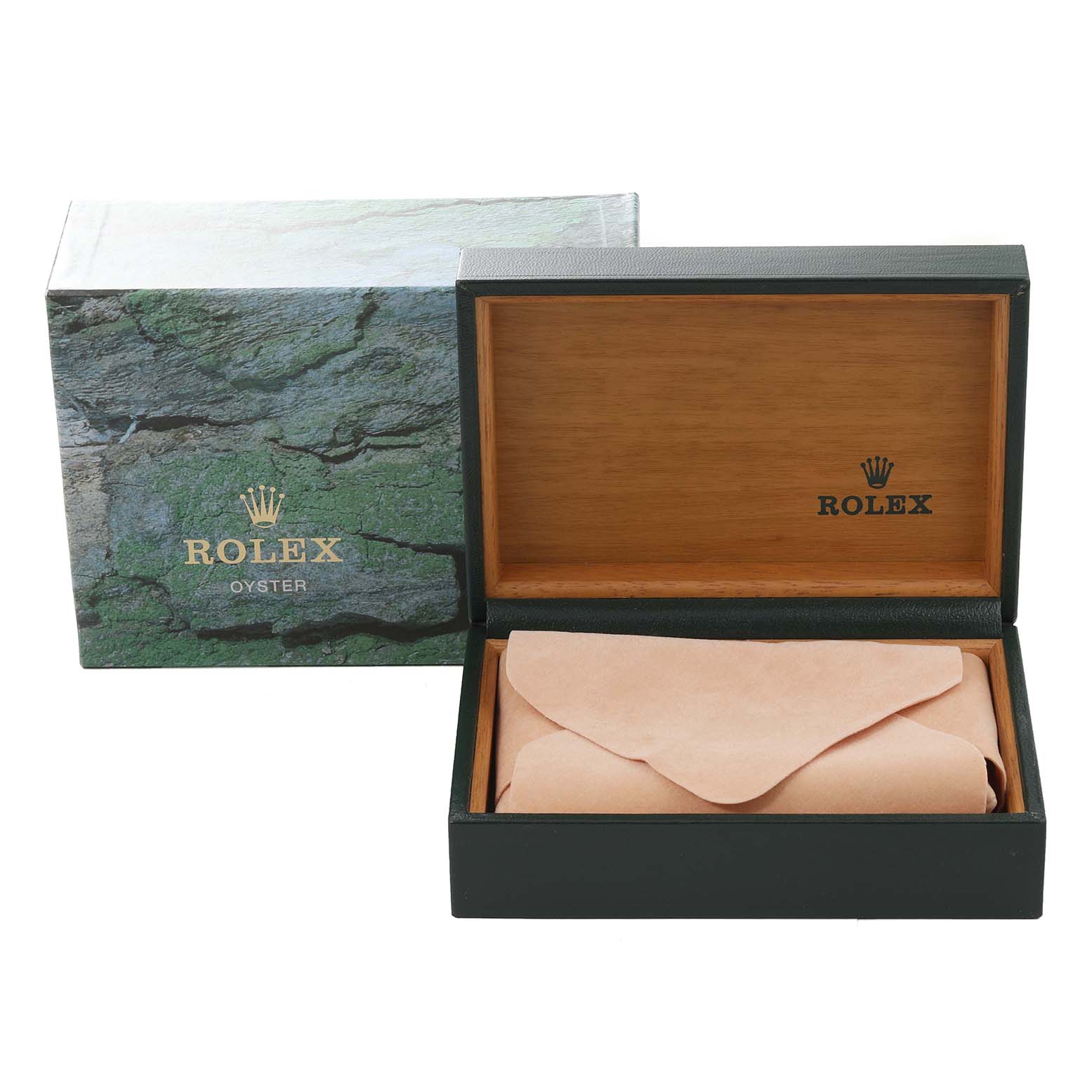 The image shows the box and packaging for a Rolex Datejust 16233 Men's Steel and Gold (two tone) White Dial 16233 Men's Steel and Gold (two tone) White Dial watch viewed from a front angle, with the watch box open and a cloth inside.