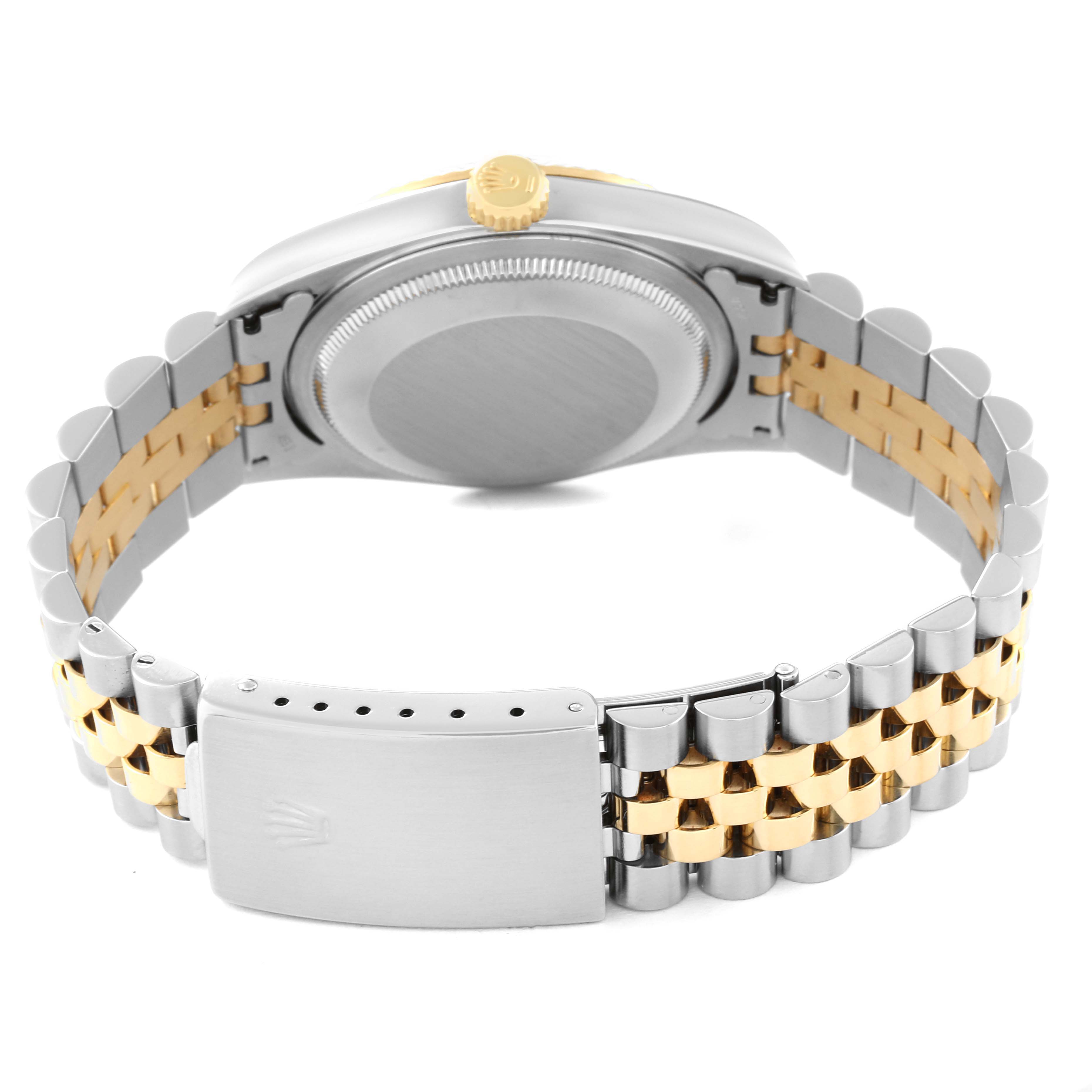 The image shows the back view of the Rolex Datejust 16233 Men's Steel and Gold (two tone) White Dial 16233 Men's Steel and Gold (two tone) White Dial watch, displaying its case back, crown, and two-tone bracelet with the clasp.