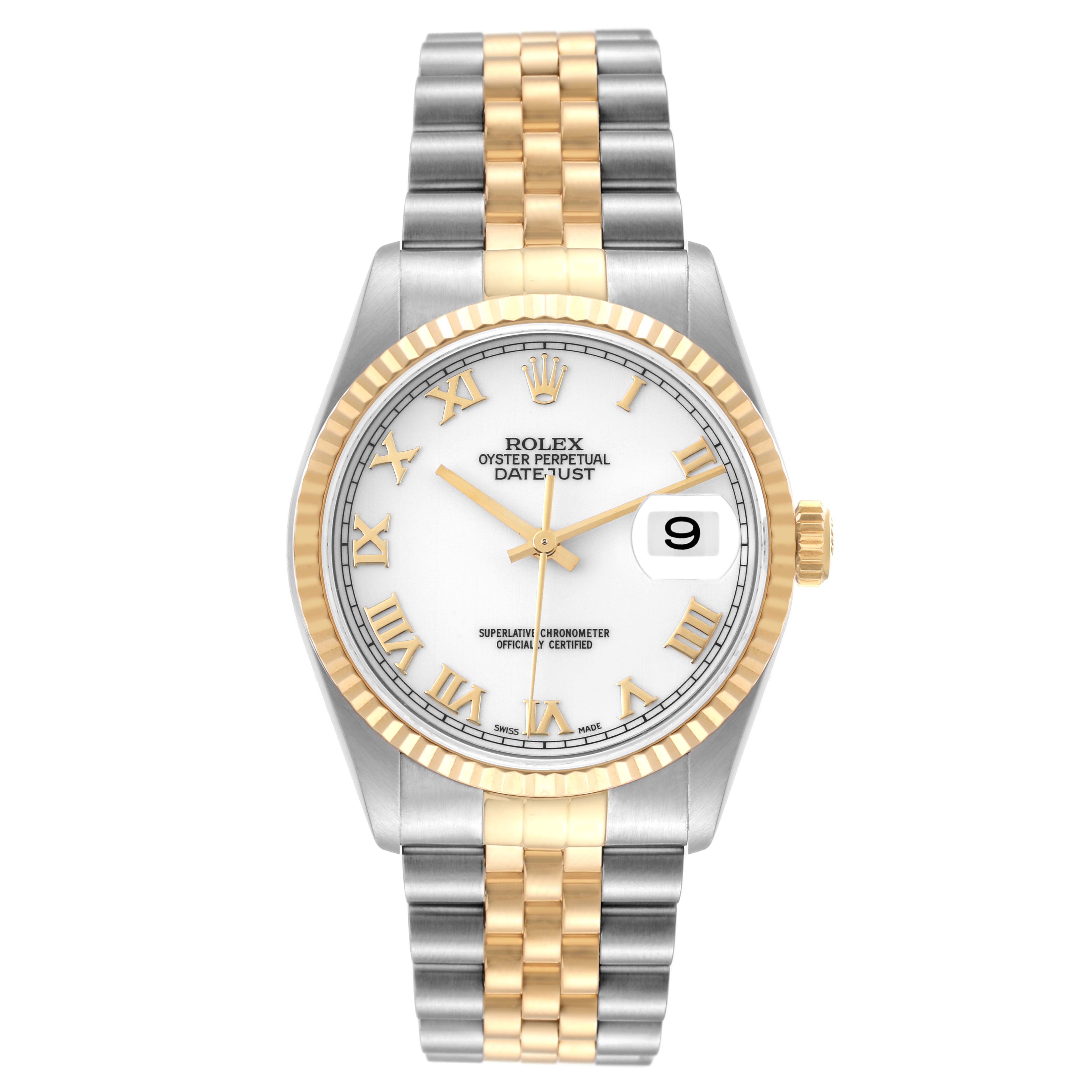 The image shows a front view of a Rolex Datejust 16233 Men's Steel and Gold (two tone) White Dial 16233 Men's Steel and Gold (two tone) White Dial watch displaying the dial, bezel, and bracelet.