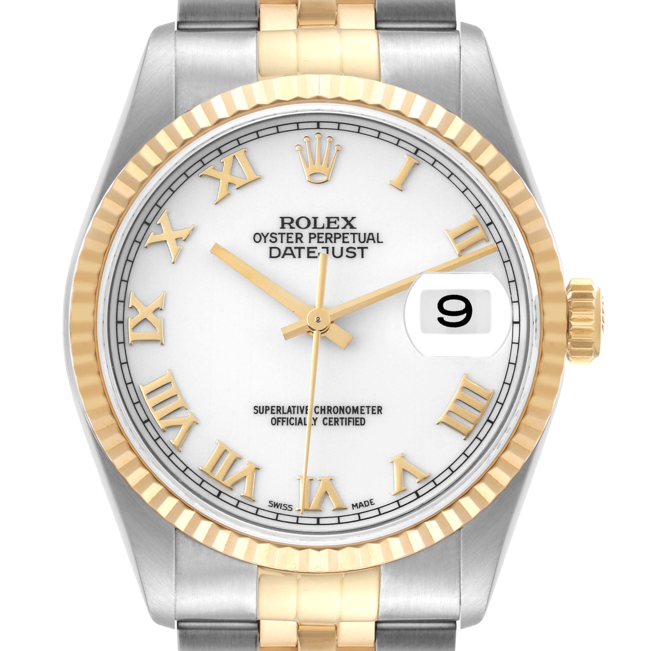 This image shows a close-up of the Rolex Datejust 16233 Men's Steel and Gold (two tone) White Dial 16233 Men's Steel and Gold (two tone) White Dial watch face, bezel, and part of the bracelet.