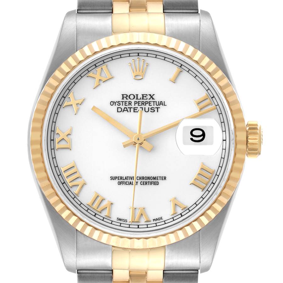 Rolex Datejust Steel Yellow Gold White Roman Dial Mens Watch 16233 SwissWatchExpo