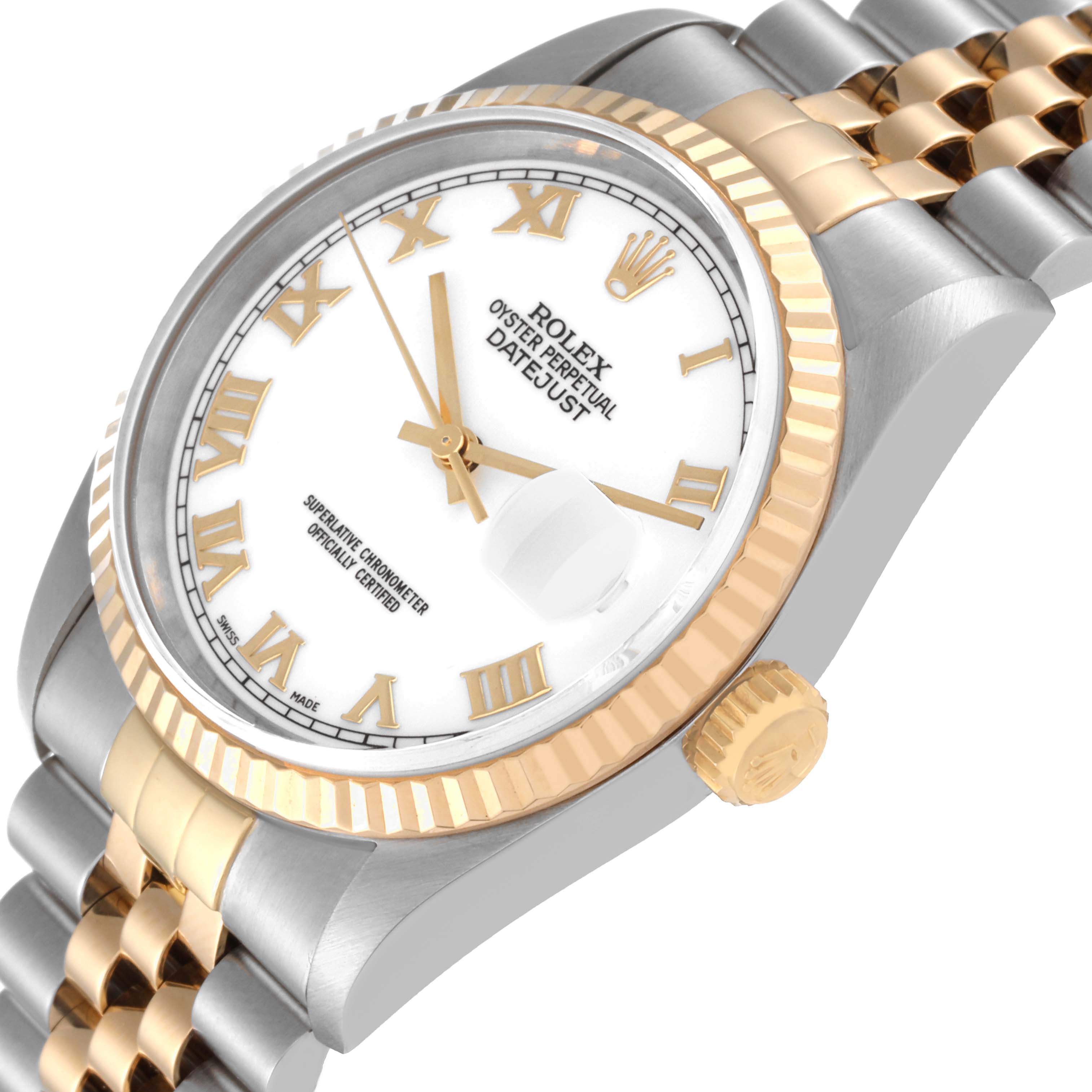 The image shows a close-up, angled view of a Rolex Datejust 16233 Men's Steel and Gold (two tone) White Dial 16233 Men's Steel and Gold (two tone) White Dial watch, highlighting the dial, bezel, and partial bracelet.