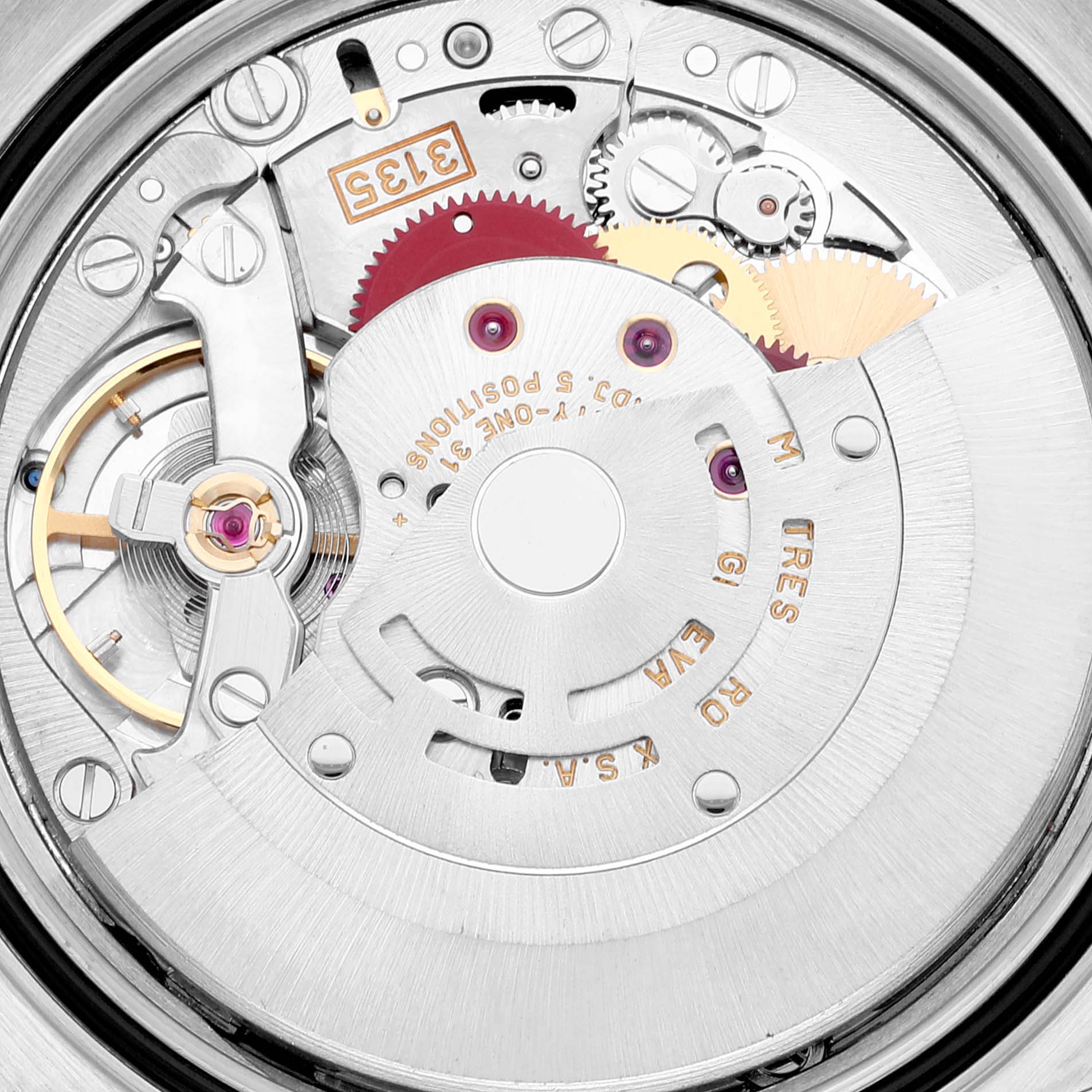 The image shows an overhead view of the movement mechanism in a Rolex Datejust 16233 Men's Steel and Gold (two tone) White Dial 16233 Men's Steel and Gold (two tone) White Dial watch.