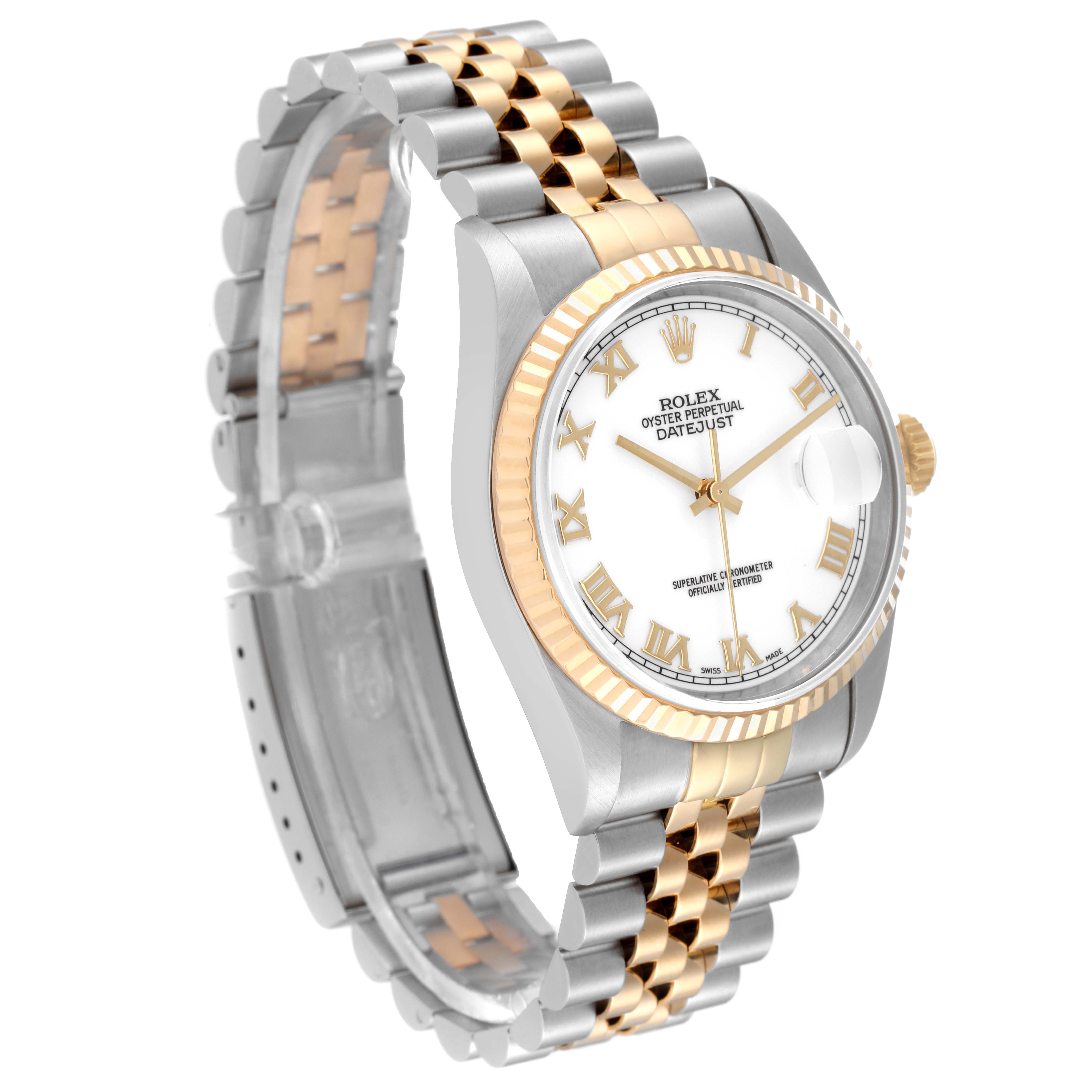 The Rolex Datejust 16233 Men's Steel and Gold (two tone) White Dial 16233 Men's Steel and Gold (two tone) White Dial is shown at a three-quarter angle, detailing the bracelet, dial, case, and bezel.