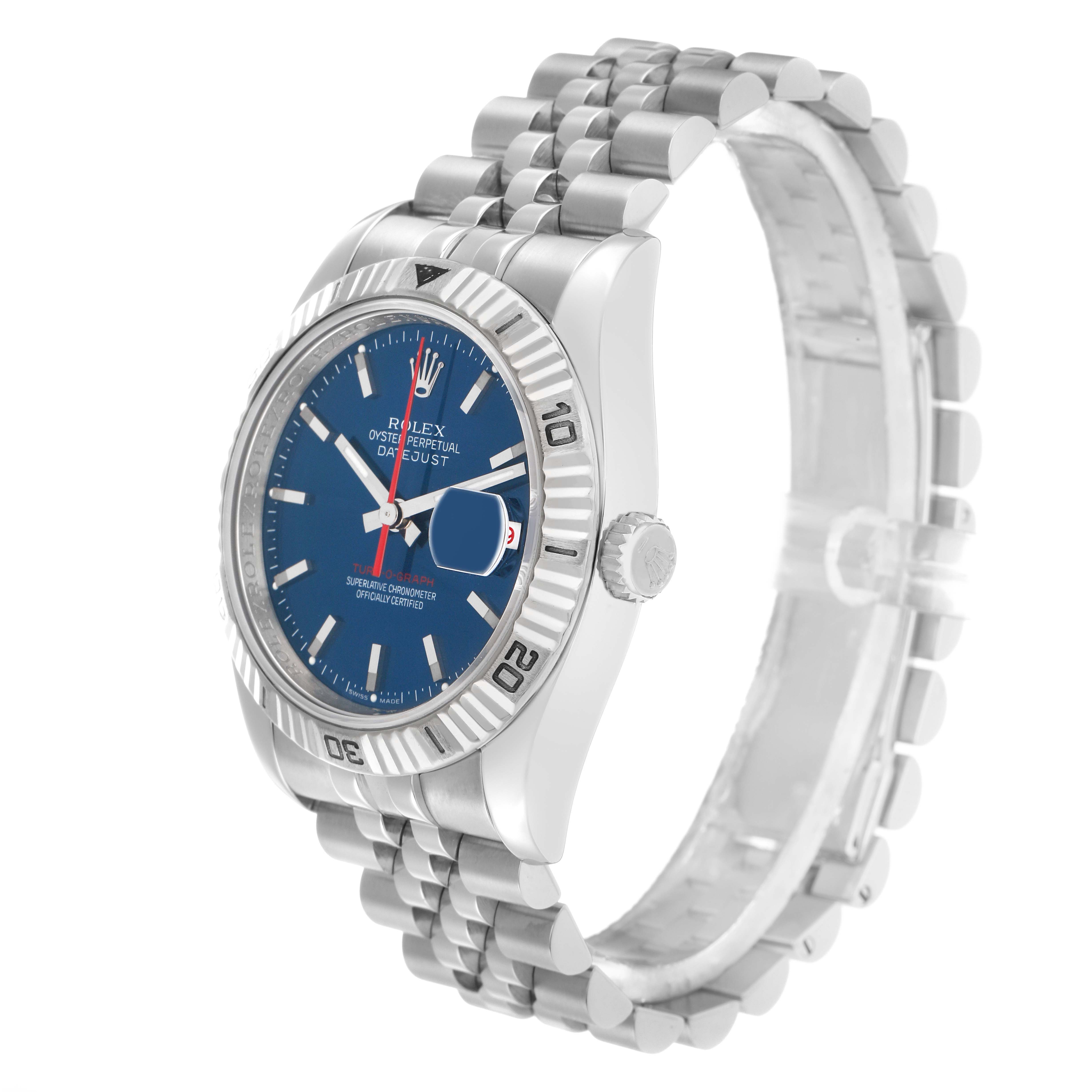 The Rolex Datejust 116264 Men
s Stainless Steel Blue Dial watch is shown at a slight angle, revealing its blue dial, fluted bezel, and stainless steel bracelet.