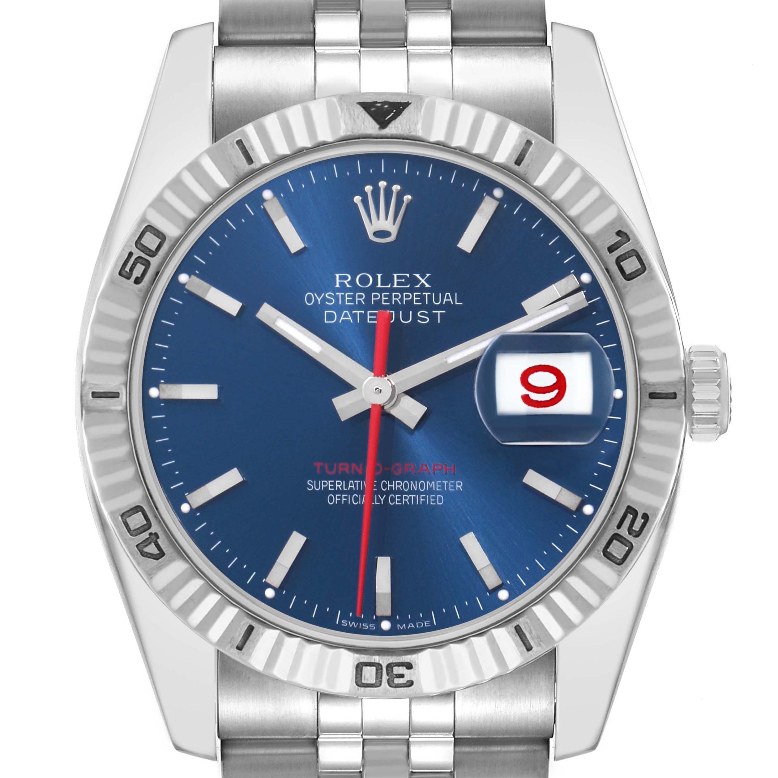 The Rolex Datejust 116264 Men
s Stainless Steel Blue Dial watch is shown from a front angle, highlighting the blue dial, fluted bezel, and metal bracelet.
