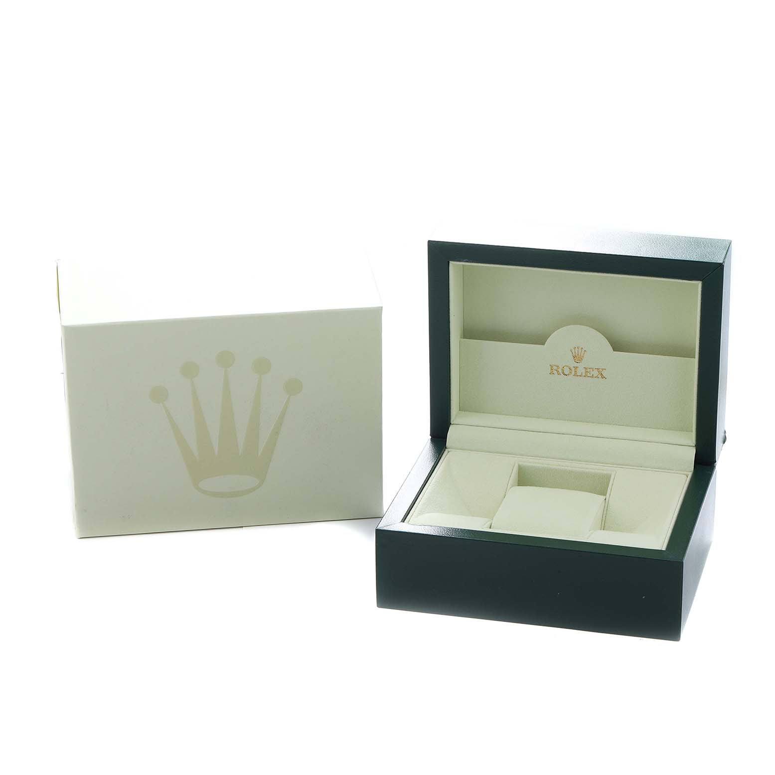 The image shows a Rolex Datejust 116264 Men
s Stainless Steel Blue Dial watch box set, including the outer box and inner display box with padding for the watch.