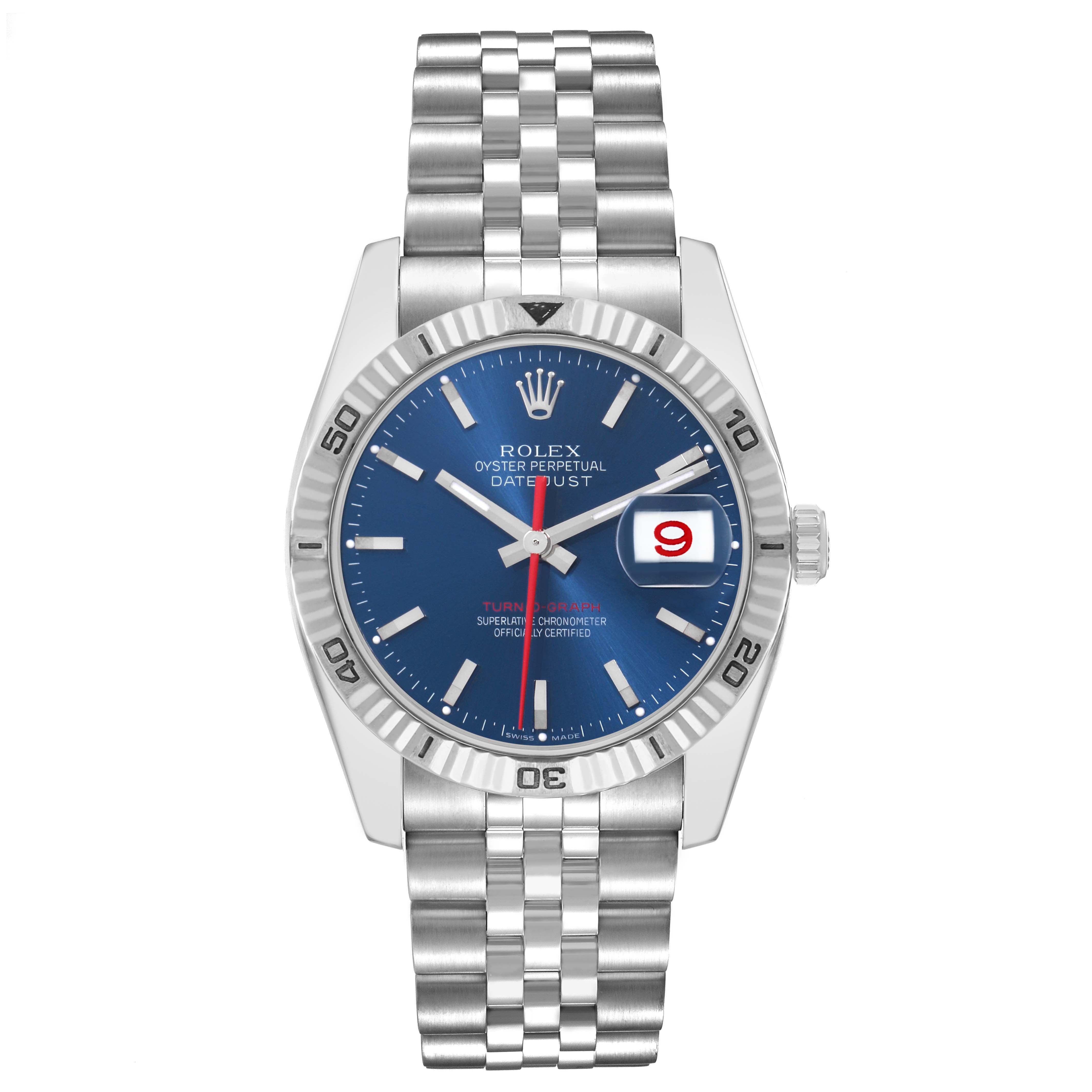 The Rolex Datejust 116264 Men
s Stainless Steel Blue Dial watch is shown from a top-down angle, displaying the bracelet, dial, bezel, and crown clearly.