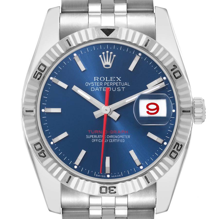 The Rolex Datejust 116264 Men's Stainless Steel Blue Dial watch is shown from the front, displaying its blue dial, date window, bezel, crown, and part of the bracelet.