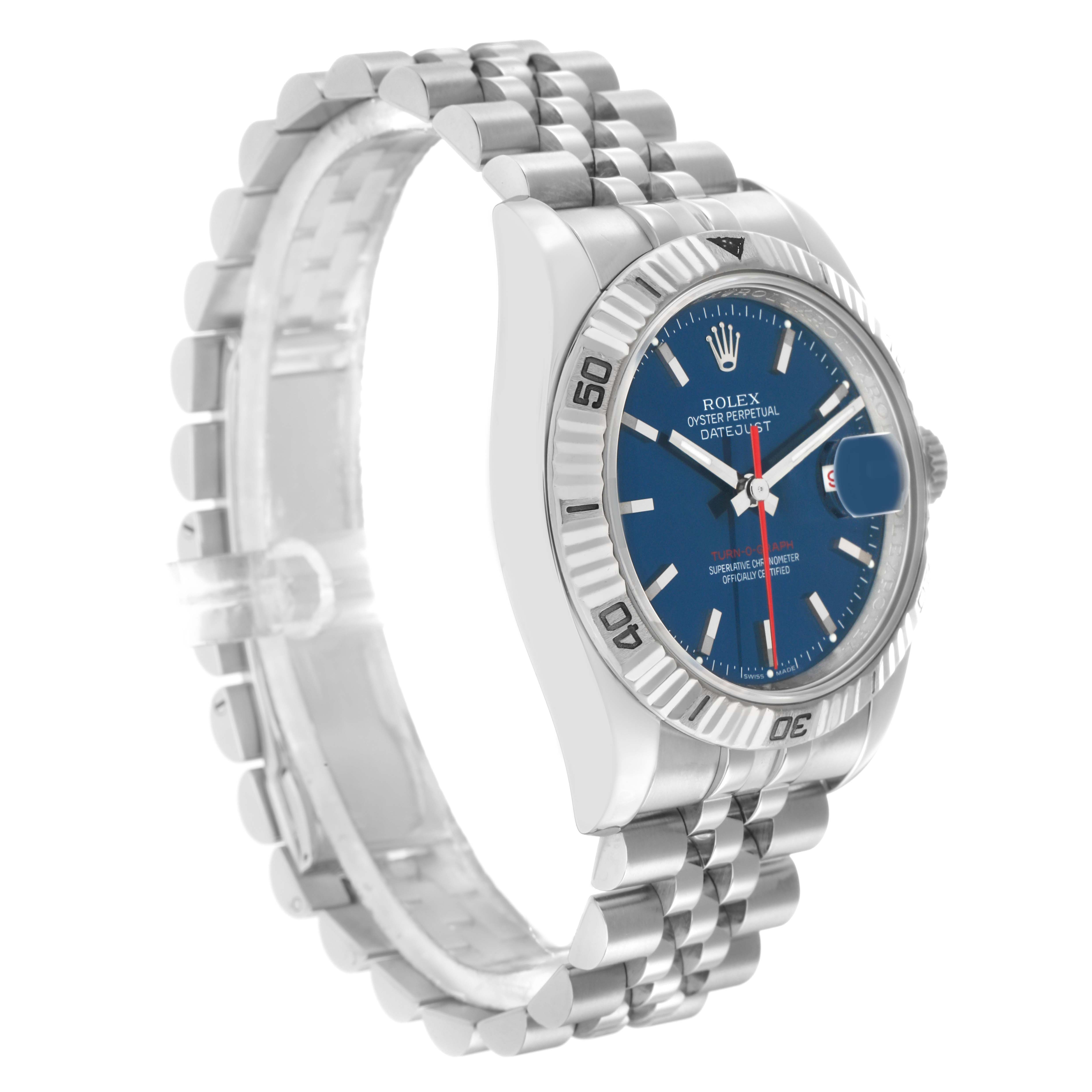 The Rolex Datejust 116264 Men
s Stainless Steel Blue Dial watch is shown at a three-quarter angle, revealing its blue dial, fluted bezel, and jubilee bracelet.