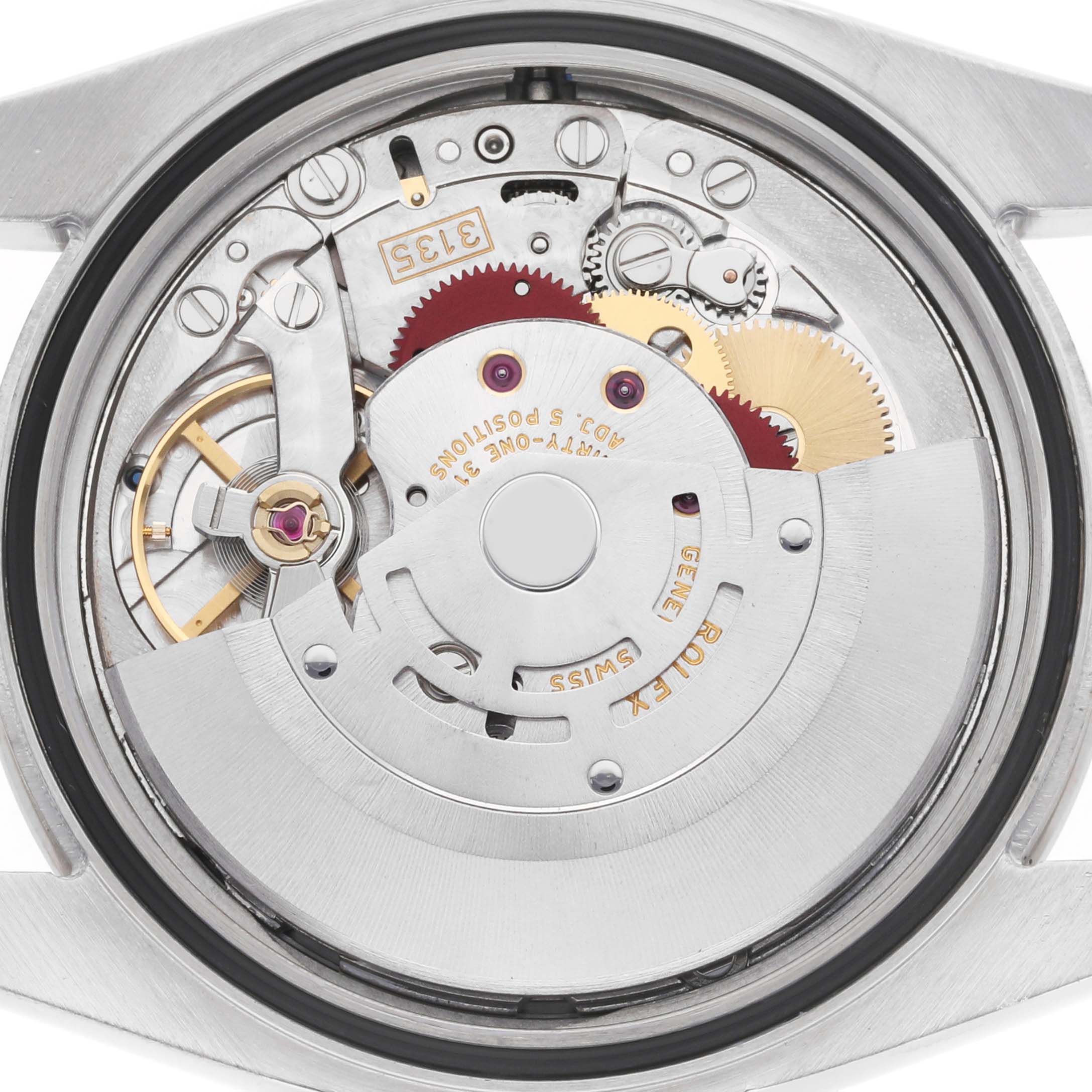 This image shows the movement of a Rolex Datejust 116264 Men
s Stainless Steel Blue Dial watch from the back, highlighting gears and intricate components.